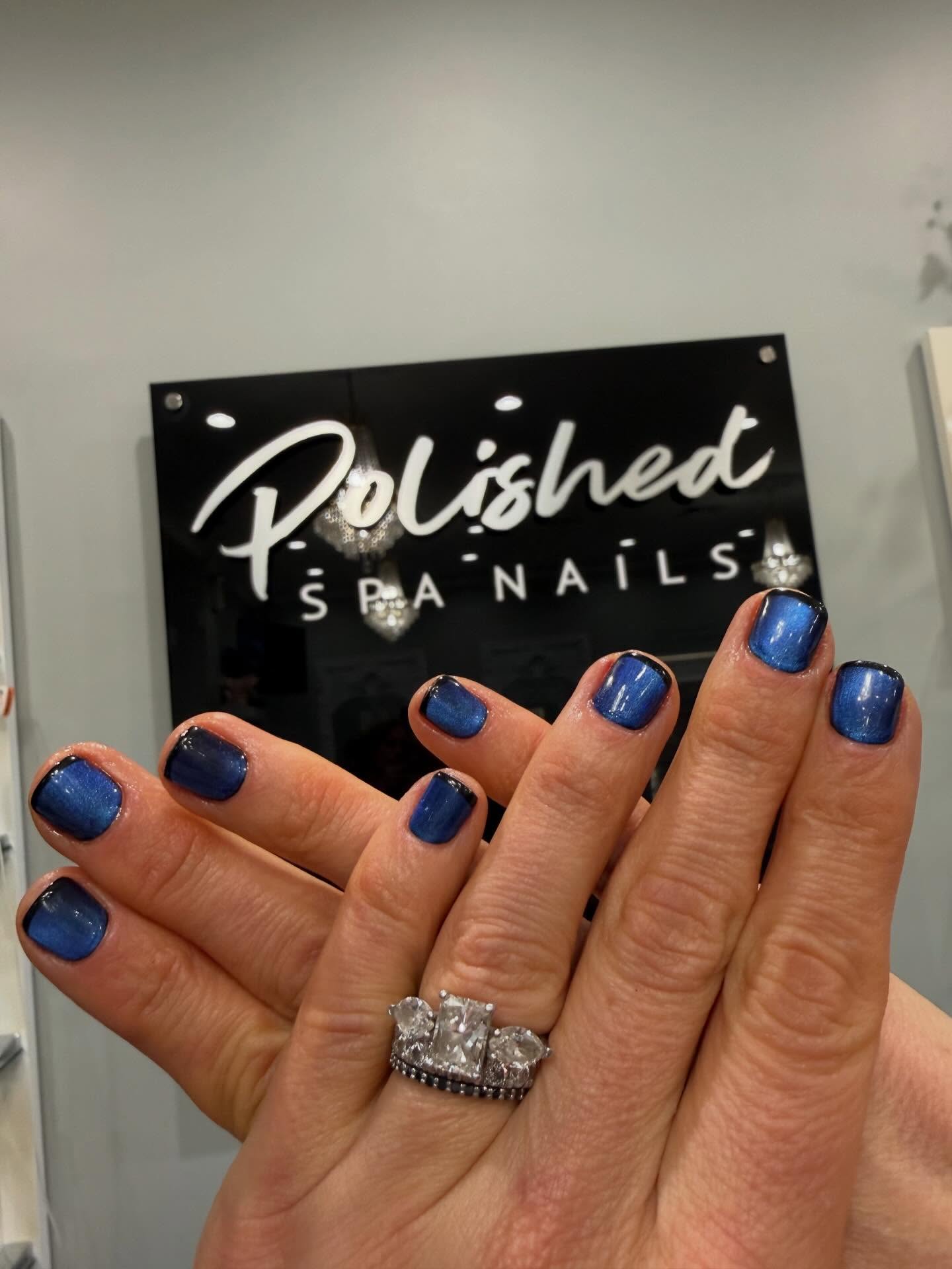 Black French with Blue Cat Eye base ๐#polishedspanails #cateye #french #nailsnailsnails ๐
๐
