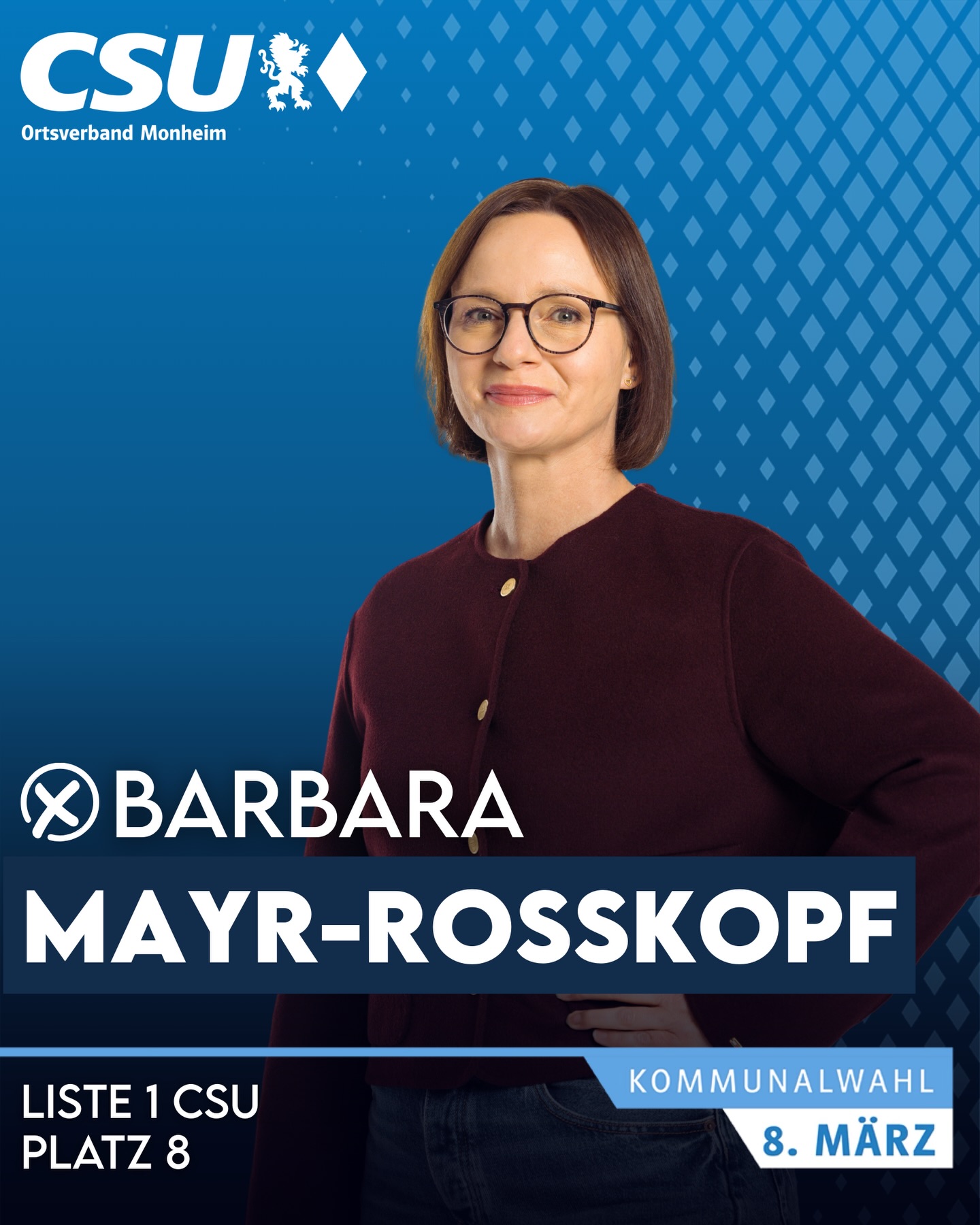 📣Wir stellen vor für den Stadtrat:
👤 Barbara Mayr-Roßkopf
🎂 46 Jahre | 💍 verheiratet
🏫 Schulleiterin
🏡 Monheim
🎶 Chorleiterin Kinderchor Liederkranz Monheim
⛪ Kindergottesdienstgruppe
🎵 Musik
✈️ Reisen
📚 Lesen
🗳 Kommunalwahl 8. März
➡️ Liste 1 CSU – Platz 8
#csu #monheim #bayern #stadtrat #kommunalwahl
