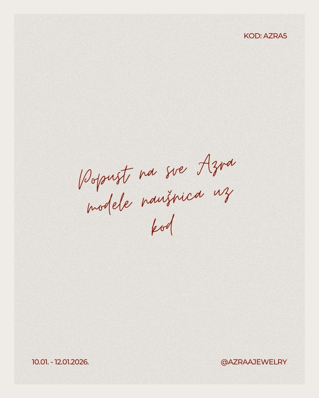 Od danas pa do 12.01. uz kod AZRA5 ostvarujete 10% popusta na sve modele naušnica!
Mali znak pažnje za sebe ili nekoga koga volite. 🤎
web:azraajewelry.com