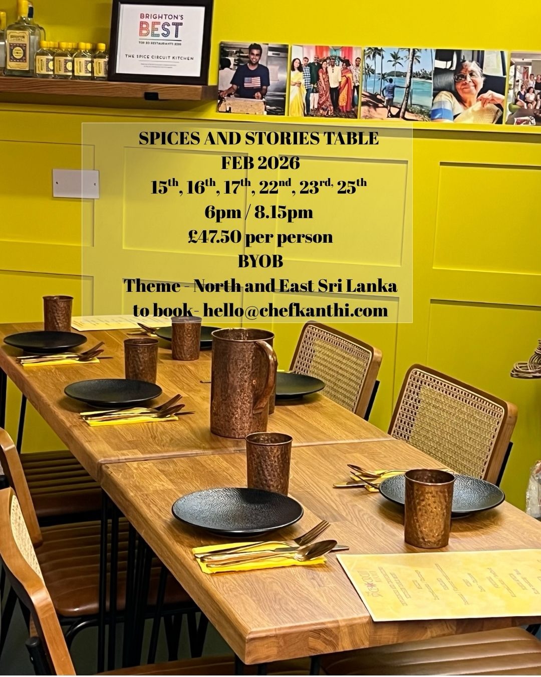 Happy New Year !
Are@you ready for more stories?
I am excited to announce the dates for the month of Feb for the ‘spices and stories’ tasting menu experience at the kitchen table.
The theme will be Sri Lankan and food from north and east coasts of Sri Lanka as I will be back fresh from the chef led food tours in those regions of Sri Lanka
2 seatings 6/ 8.15pm
BYOB
Minimum of 4 and maximum of 6 per seating.
To book email hello@chefkanthi.com