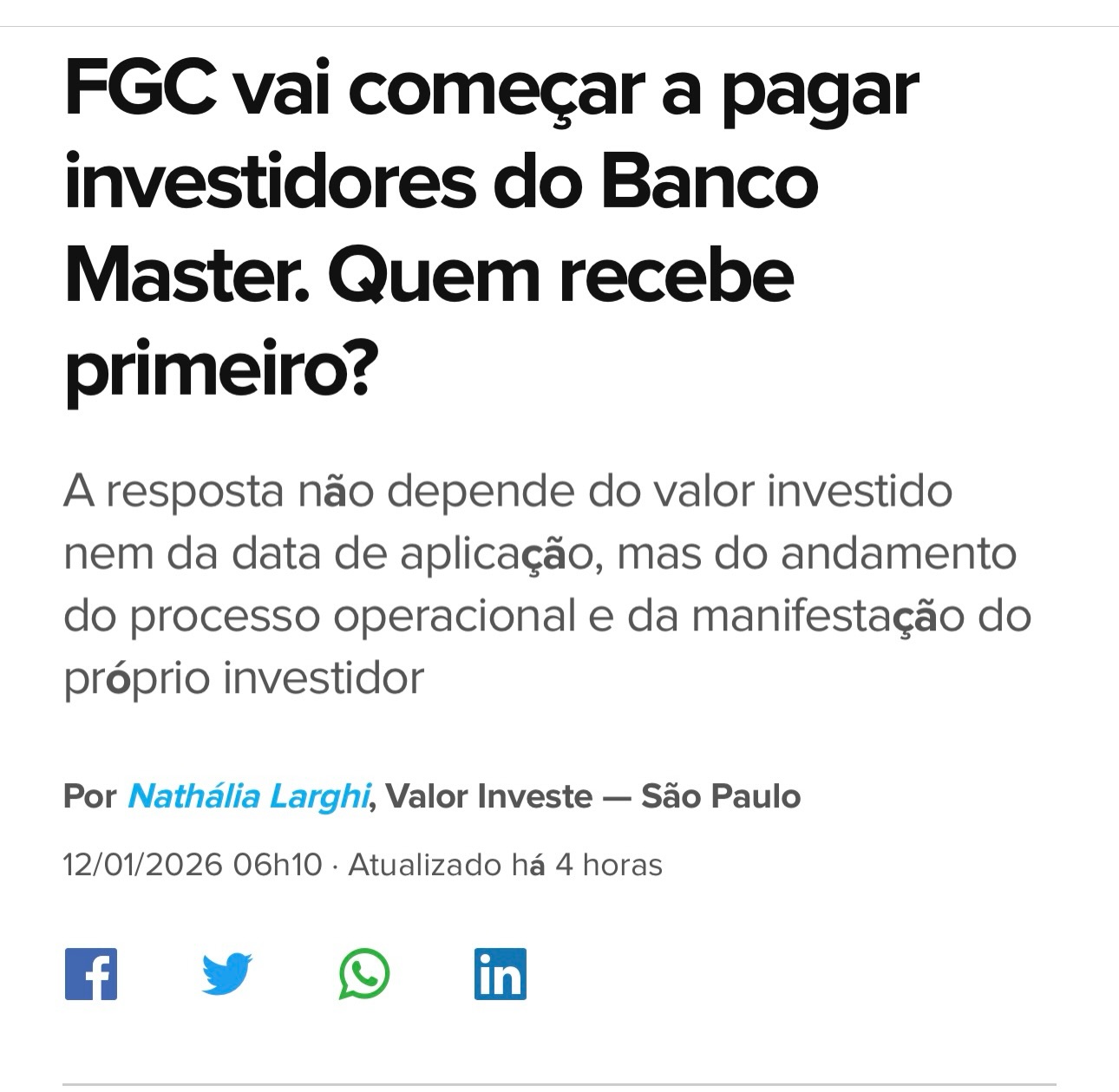 NOTÍCIA IMPORTANTE PARA INVESTIDORES
O Fundo Garantidor de Créditos (FGC) deve começar a pagar os investidores que tinham CDBs do Banco Master já na próxima semana, segundo apuração do Valor Investe. O montante estimado para ressarcimento pode chegar aos R$ 41 bilhões, beneficiando cerca de 1,6 milhão de pessoas físicas — com cobertura de até R$ 250 mil por CPF. 
Esse movimento reforça a importância de entender como funcionam mecanismos de proteção em investimentos e estar atento aos prazos e procedimentos oficiais do FGC. 
👉 Se você tinha investimentos no Banco Master e precisa de orientação para verificar valores, próximos passos ou reorganizar sua carteira, me envie uma mensagem.
Estou ajudando investidores a esclarecer dúvidas e seguir pelo caminho correto, com segurança e tranquilidade.