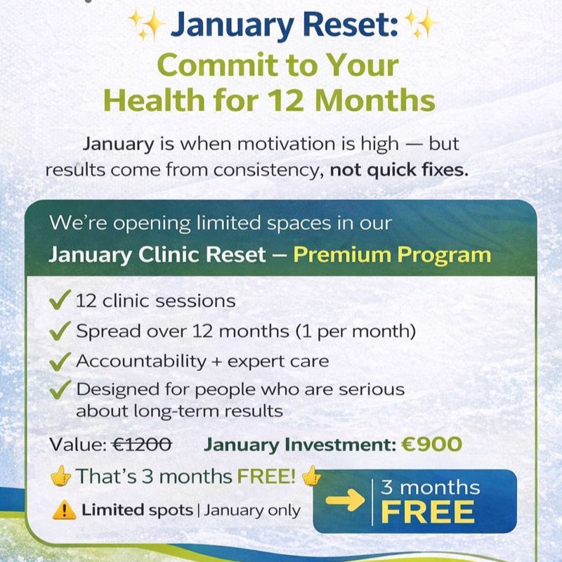 January Reset 🎉 New start Long Term Results 🔥 This January we are opening a limited number of places in our Clinic Reset Programme - designed for people who are ready to stop reacting to pain and start taking control of their health!! ✅12 Osteopathy/Physio sessions ✅ Spread over 12 months ✅ Personalised care & accountability ✅ Ideal for back pain ✅ Neck pain ✅ Shoulder pain ✅ Sports injuries & ongoing injuries. Value €1200 January Investment is €900.👉 Thats 3 sessions FREE!!! This is about consistency, prevention and committing to your body - NOT Quick fixes. 📩 DM "January" to see if you qualify. ⌛ Strictly limited places 🔴January Only! 🔴 #dundalkosteopathyclinic #dundalkosteopath #dundalkosteo #dundalksportsmedicine #backpain #neckpain #sportsinjury