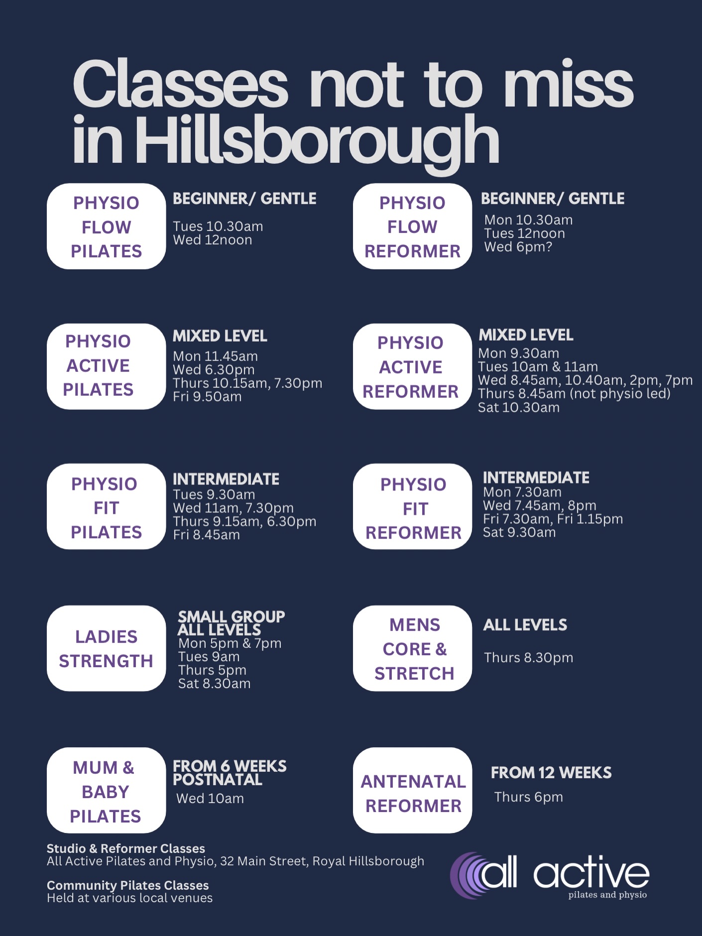 You asked and we listened! 🙌
With so many options, finding the right class can feel a little overwhelming — so we’ve put everything together in one place for you to see at a glance 👀✨
Thinking of trying a class?
👉 Click the link in our bio to check out our intro offers and find your perfect fit.
We also offer plenty of beginner-friendly options, including:
🤍 Physio Flow – a gentler, more supported class
💪 Physio Active (Mixed Level) – great if you’re ready to move with options to suit you
🆕 Step Strong Rehab – our brand new class, ideal if you’re looking for more specific rehab support and don’t feel quite ready for a full class yet
There really is something for everyone — we can’t wait to welcome you 💫
#YouAskedWeListened #FindYourFit #BeginnerFriendly #RehabToResults #MoveWithConfidence