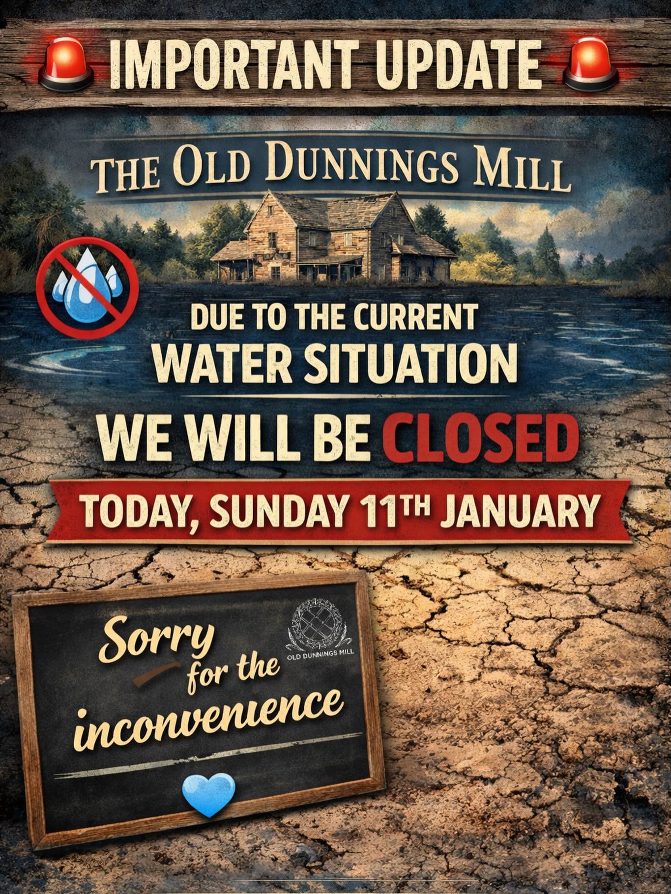 🚨 Important Update 🚨
We are sorry to inform you that due to the current water situation, we will be closed today, Sunday 11th January.
We sincerely apologise for the inconvenience and appreciate your understanding.
We will keep you updated with any further information.
Thank you Lisa GM