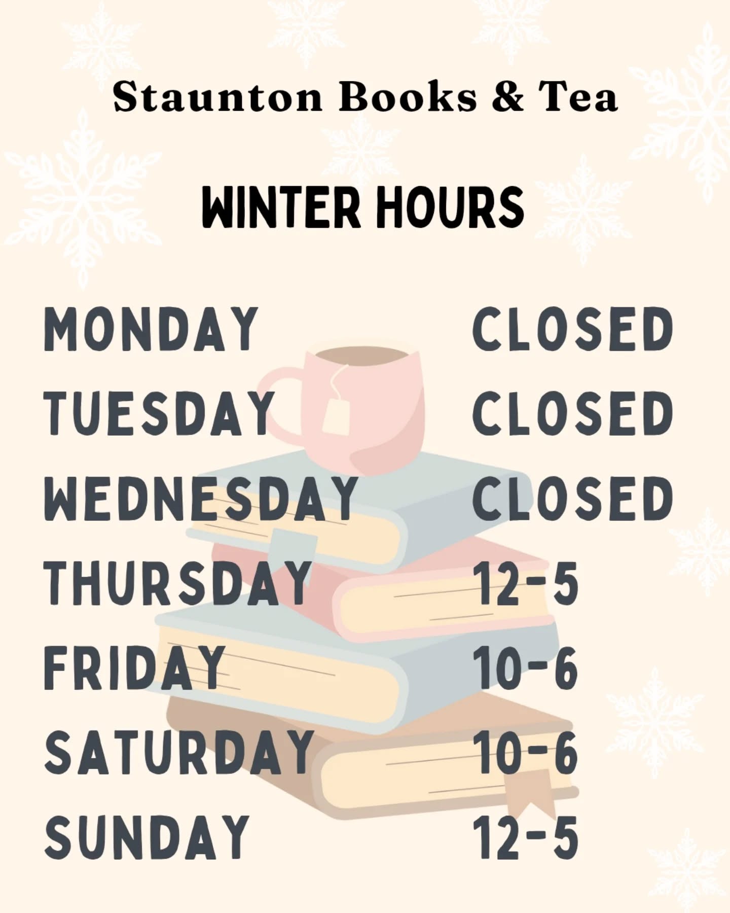 WINTER HOURS start Monday, January 12, 2026!
Look, we love nothing more than putting the right book or tea into the hands of our customers but during the winter months it's hard to staff the shop as much as we'd like.
So we came up with three ways to be of service even when our doors are closed:
1. Shop online through our bookshop.org storefront
2. Attend our events (no book lover left behind!)
3. Sign up for our newsletter
We look forward to serving you 4 days a week in downtown Staunton 📚
#YouBelongHere #shoplocal #supportindiebookstores #supportindiebookshops #womanowned