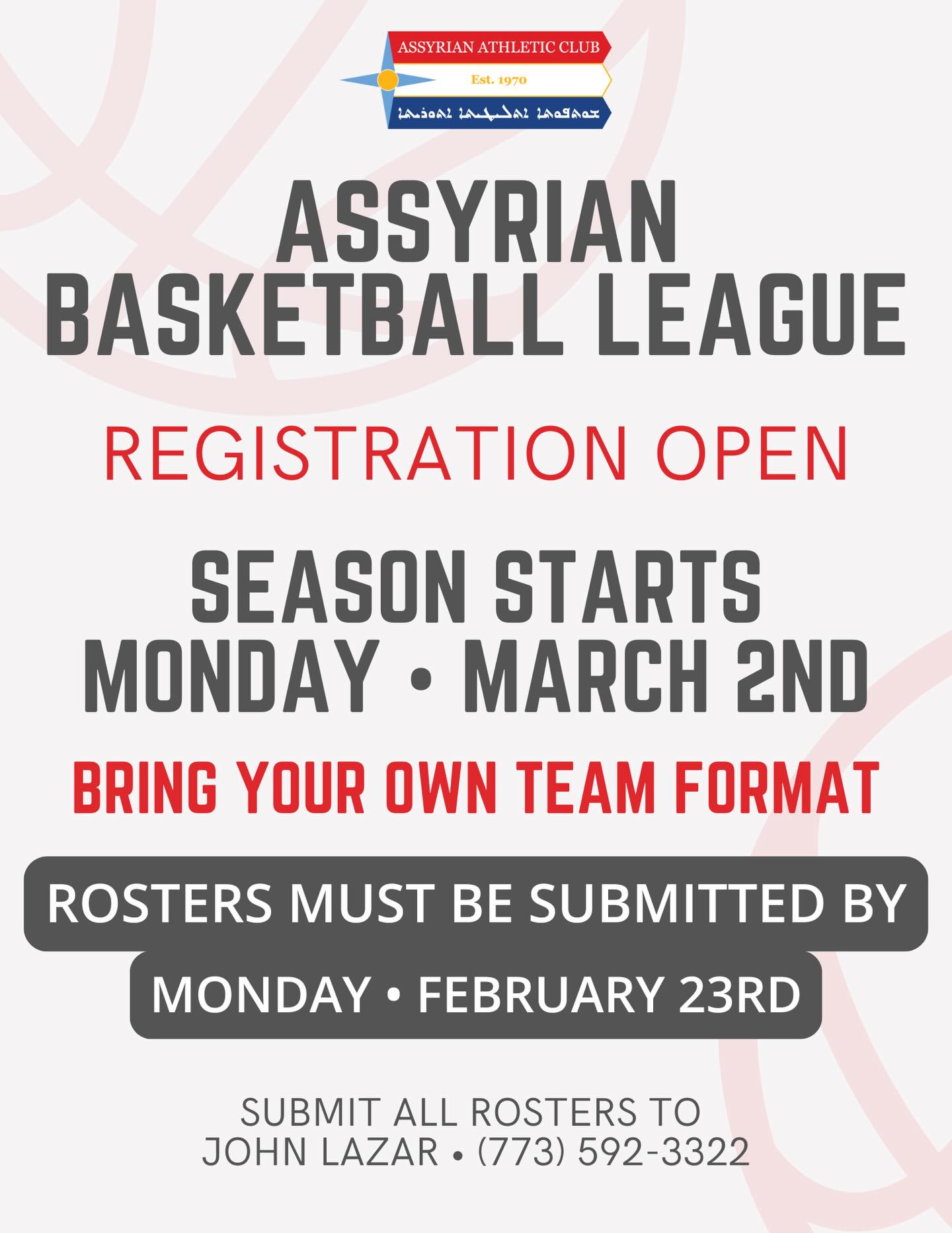 ABL is back! The 2026 Spring Season kicks off Monday, March 2nd. This season is a bring your own team format and rosters must be submitted to John Lazar by February 23rd. Reach out to John for all questions!