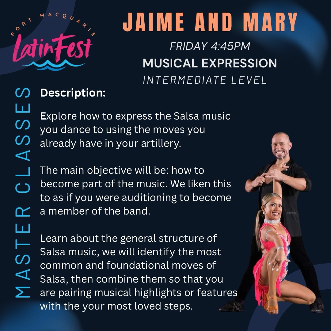 🔥LatinFest 2026 Masterclasses 🔥
Ready to level up your dancing?
LatinFest 2026 brings you a powerful series of exclusive masterclasses, designed for dancers who want depth, clarity, and real transformation.
These focused sessions explore musicality, technique, expression, and storytelling skills that directly elevate your social dancing and performance presence.
75-minute sessions
Strictly limited to 20 dancers per class
10 leads | 10 follows only
2026 Masterclass Line Up:
🕺 Friday | 4:45 PM
Jaime Jesus & Mary Grace
🎶 Musical Expression
Learn how to truly hear the music and let it guide your movement with intention and feeling.
Book here: https://checkout.square.site/merchant/ML3JV7PEXTH95/checkout/DCPDUVFGNOU4MJAL5JHQCTG5
💃 Saturday | 12:30 PM
Wesley & Rachel
⚙️ Technique & Drills That Translate Across Any Dance Style
Practical drills to improve balance, control, and movement quality, no matter what style you dance.
Book here: https://checkout.square.site/merchant/ML3JV7PEXTH95/checkout/M2VOJS7NIHMVZKKC7BKAG4FK
🎭 Sunday | 12:30 PM
Ieva & Alonso
📖 Storytelling & Musicality
Create dances that feel expressive, connected, and emotionally engaging.
Book here: https://checkout.square.site/merchant/ML3JV7PEXTH95/checkout/KKR4YSFWA6JVDWR4HTIZJTFD
#LatinFest2026 #PortLatinFest #Masterclasses #PortMacquarie