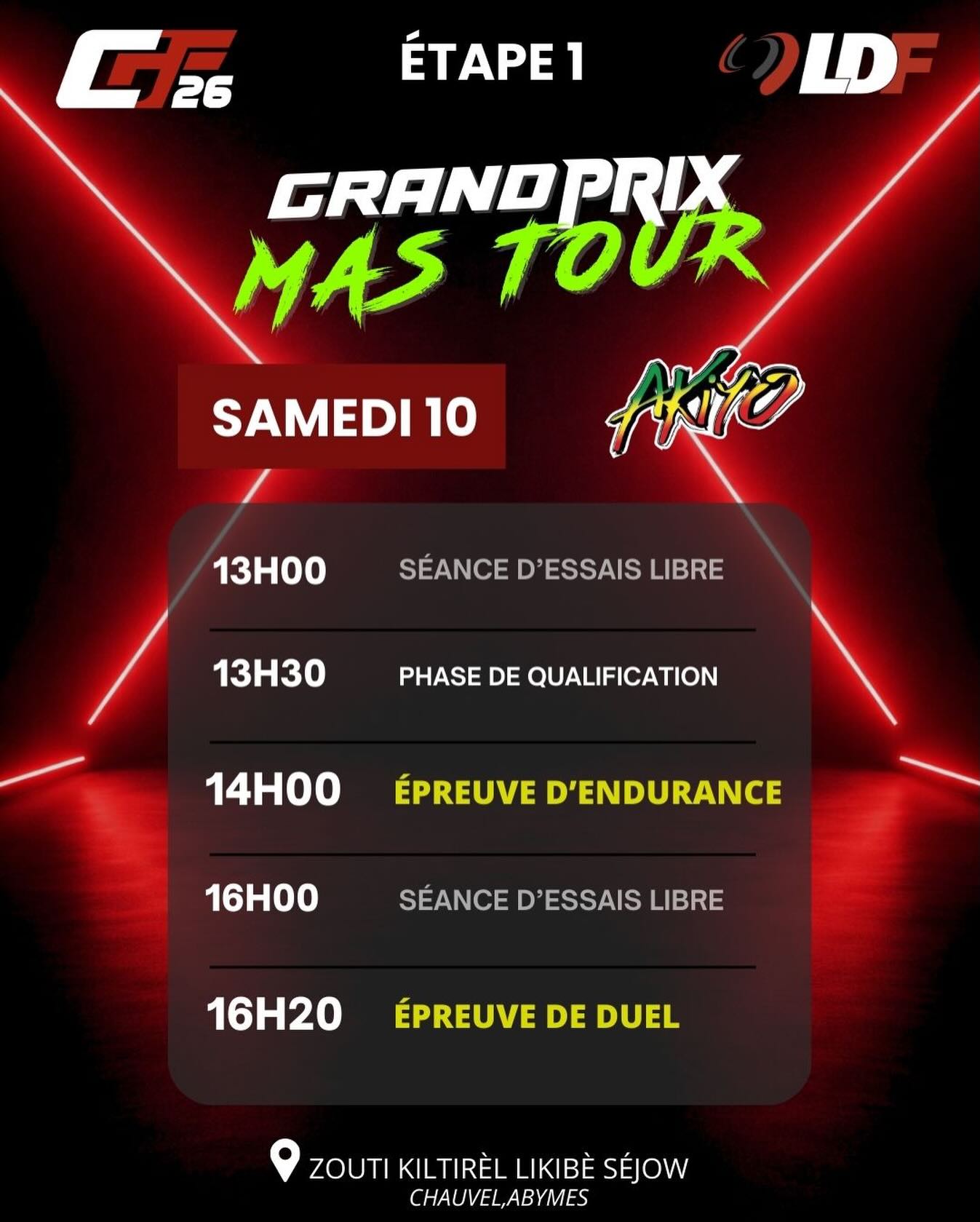Grand Prix Mas Tour – Étape 1
Rendez-vous pour une première étape intense, rythmée et pleine de spectacle.
🔥 Prêts à vibrer avec nous ?