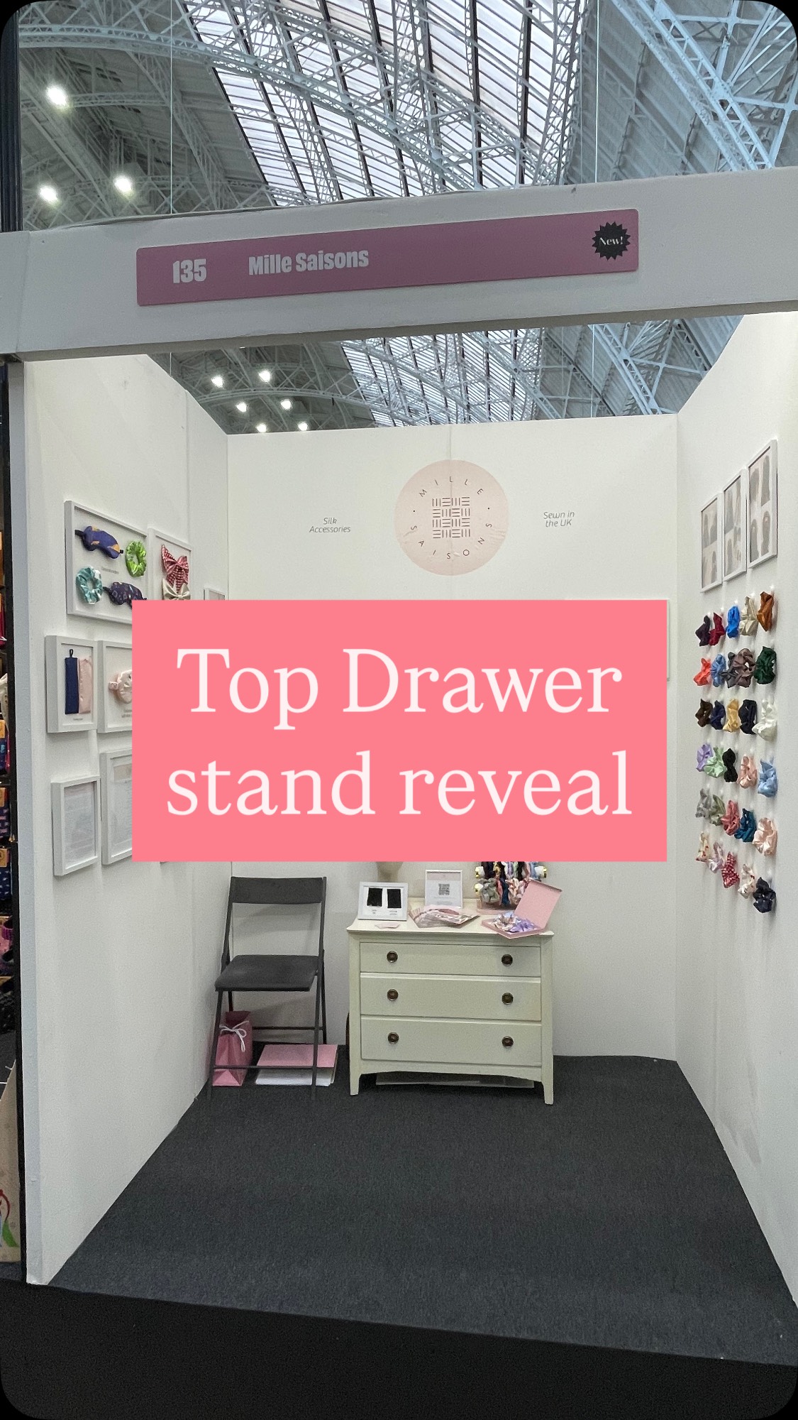 Top Drawer stand reveal! I’m at stand 135 upstairs 💕
I decided to mount all of my products on foam board and then in frames so I could create a gallery wall as I have a range of product sizes. Occasionally wished I made paper products like cards or prints which would be standard sizes 😅
And I knew straight away I wanted to create a scrunchie wall which also serves as a colour chart!
Video description- Jo, a white woman in her mid thirties, lip syncs “do you want the house tour” then pans to show three sides of her trade show stand of silk accessories