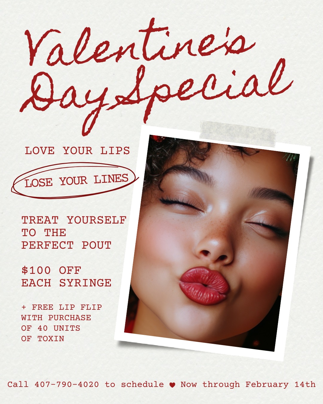 💋 Love your lips. Lose your lines.
Treat yourself to the perfect pout this Valentine’s season.
✨ $100 off each syringe
✨ Free Lip Flip with purchase of 40 units of toxin
Whether you’re getting ready for date night or just want a confidence boost, this is the moment to treat yourself.
📞 Call 407‑790‑4020 to schedule
❤️ Offer ends February 14
#ValentinesDaySpecial #SamanoAesthetics #WinterParkFL #LoveYourLips #PerfectPout #TreatYourself #LipFlip #ToxinTreatment #Injectables #CosmeticEnhancement #OrlandoAesthetics #OrlandoMedSpa #CentralFloridaBeauty #FloridaAesthetics #SelfCare #BeautyBoost #ConfidenceLooksGood
