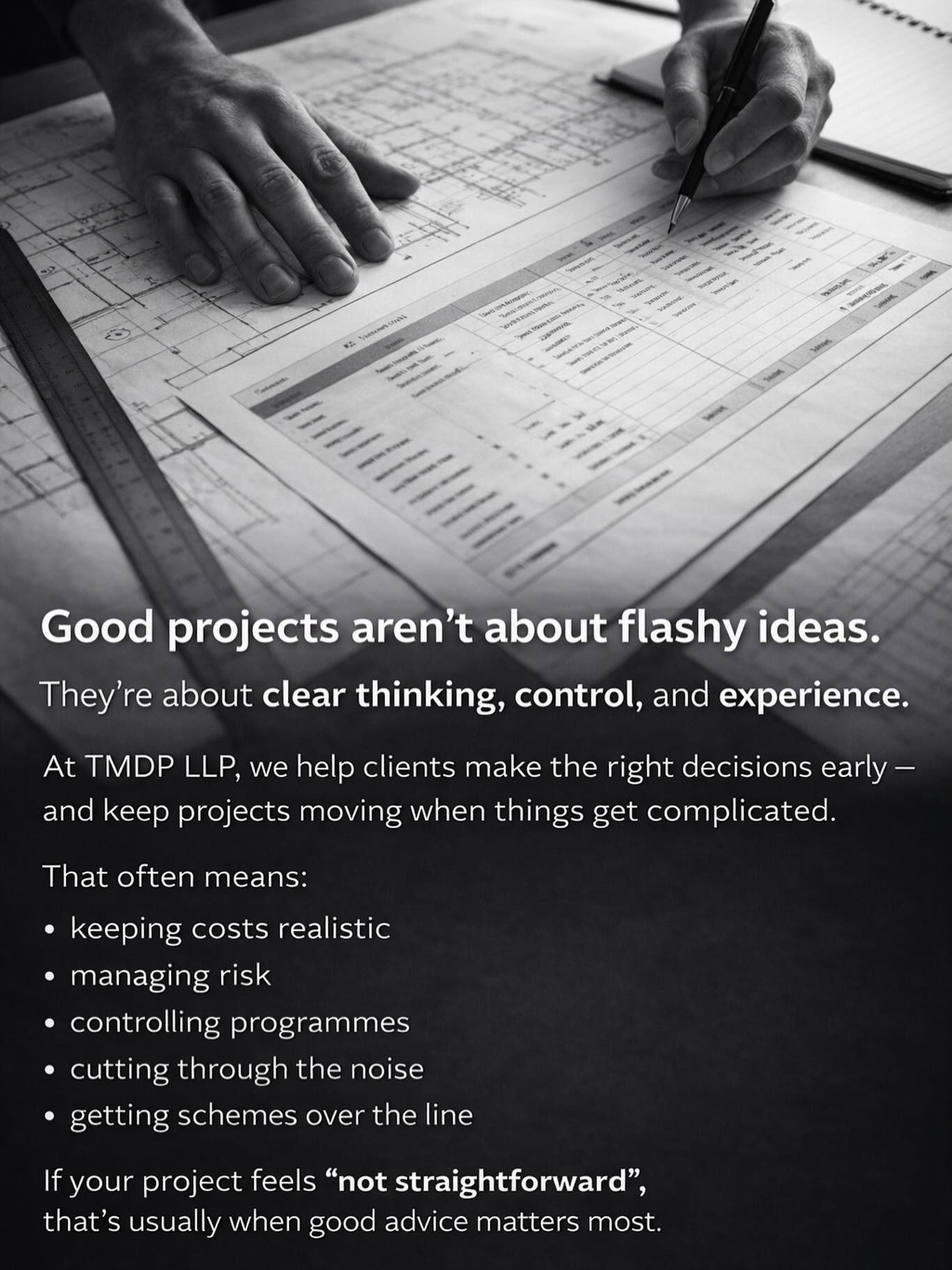 Good projects aren’t about flashy ideas.
They’re about clear thinking, control, and experience.
At TMDP LLP, we help clients make the right decisions early and keep projects moving when things get complicated.
That often means:
• keeping costs realistic
• managing risk
• controlling programmes
• cutting through noise
• getting schemes over the line
If your project feels “not straightforward”, that’s usually when good advice matters most.
📩 enquiries@tmdp.co.uk
#construction
#projectmanagement
#costcontrol
#architecture
#propertydevelopment