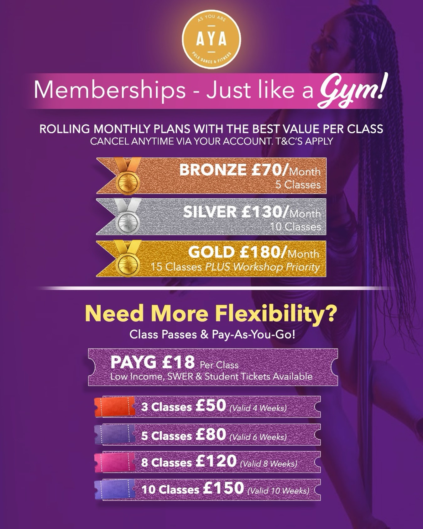 Memberships that move like you do ✨
Just like a gym but way more fun. Rolling monthly memberships with the best value per class and the freedom to cancel anytime via your account.
Bronze, Silver or Gold whether you’re training once a week or living in the studio, there’s a plan that fits your routine and your goals 💜
Need more flexibility? We’ve got you. PAYG and class passes are available too, including low income, SWER and student options.
Train consistently. Feel stronger. Move as you are 🤍
Tap the link to book or message us if you’re not sure which option is best for you ✨