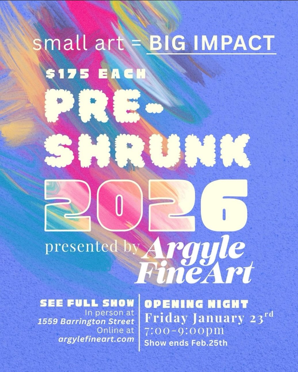 👏👏👏Getting excited for Pre-Shrunk 2026 @argyle_fine_art coming up on Friday, January 23rd!
I look forward to this show every year and so enjoy seeing all of the beautiful 4”x5” creations from so many amazing artists in one space!
I plan to have one paper collage in the show this year and will be sharing soon! In the meantime…a few details in the show. Please add to your calendars and consider coming out for Opening Night! ⭐️
Dates: Jan 23-Feb 25, 2026
Opening Night: Friday, Jan 23 from 7-9pm
Location: In person at 1559 Barrington Street and online at argylefineart.com
All artwork sized at 4”x5” and selling for $175 each.
Can’t wait! 😊
.
.
.
.
.
.
.
.
#preshrunk2026 #argylefineart #tinyartshow #artshowhalifax #acpapercollage #andreacrouseart #papercollageart #halifaxart #novascotiaartist