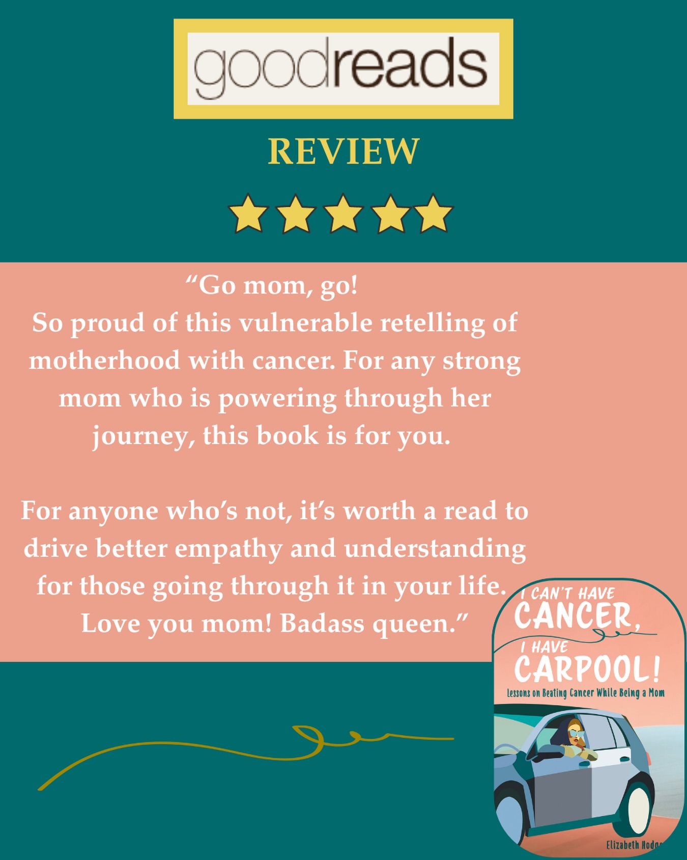 That moment when your daughter calls you a ‘Badass queen’. 🤭
I was diagnosed when my daughter was 6 and my twins were 2. Seeing my oldest write an unprompted Goodreads review of my book I wrote twenty years later (and dedicated to them) might be one of my greatest achievements.
I’ll share what her sisters also wrote later, but for today, thank you @miahodg Proud to be your mom.
#icanthavecancerihavecarpool #momswithcancer #morherswithcancer