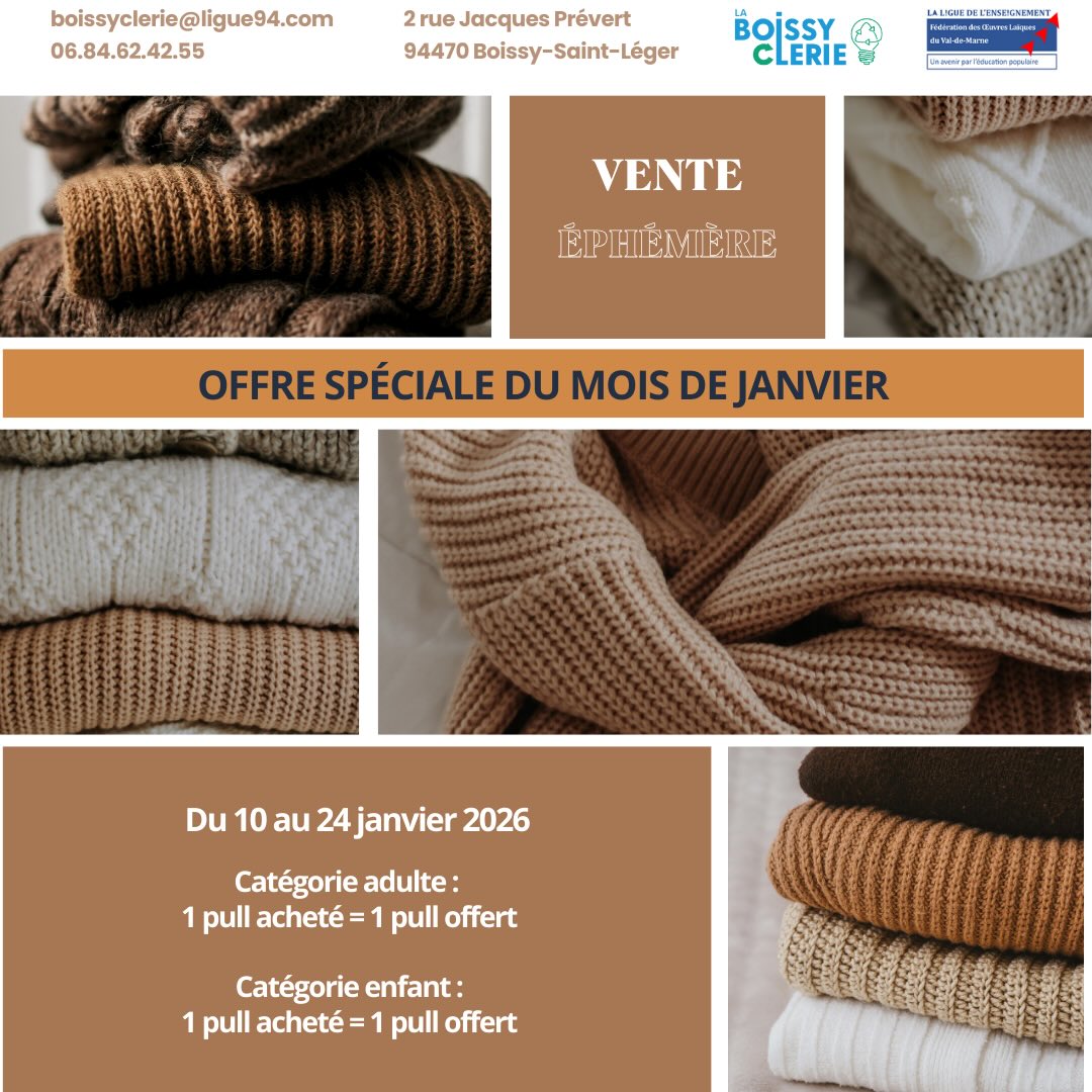 Envie de vous faire plaisir tout en faisant une bonne affaire ? Du 10 au 24 janvier 2026, profitez de notre offre exceptionnelle dans notre boutique ✨
Catégorie adulte 👨👩
Catégorie enfant 👦👧
« 1 pull acheté = 1 pull offert » Une
belle occasion de se réchauffer cet hiver avec des pulls de qualité, à petits prix et dans une démarche responsable ♻️ #venteéphémère #janvier2026
#unachetéunoffert #secondemain #valdemarne