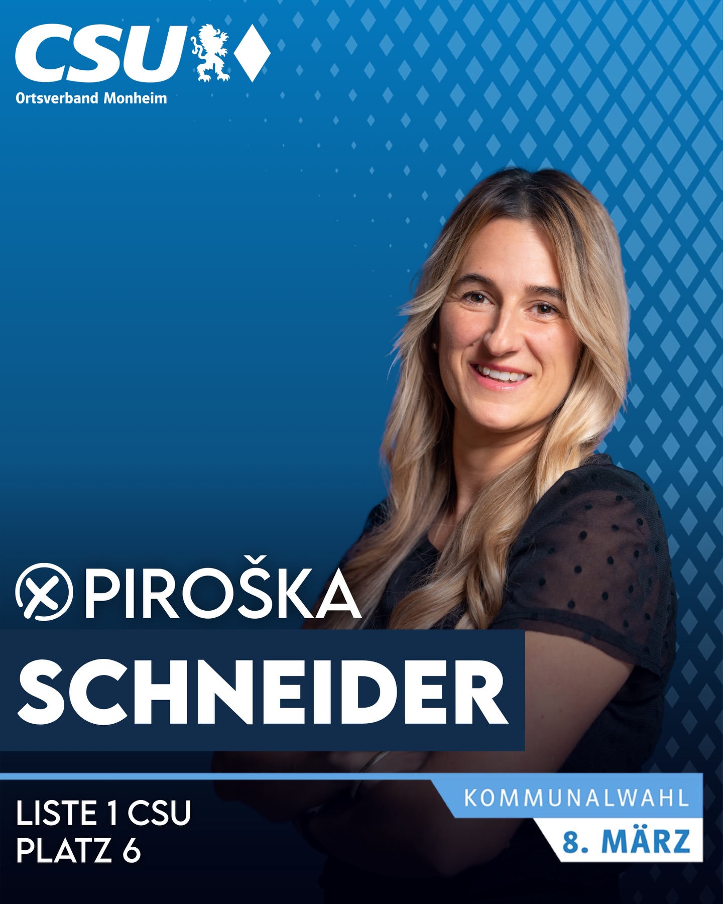 📣Wir stellen vor für den Stadtrat:
👤 Piroška Schneider
🎂 38 Jahre · 💍 verheiratet
✂️ Selbstständige Friseurmeisterin
💈Piris Hairdesign
🏡 Flotzheim
⚽ G-Jugend-Trainerin FSV Flotzheim
🏃🏼♀️ Laufen
🚴♀️ Fahrradfahren
🤸♀️ Sport
⚽️ Kinderfußball
🗳️ Kommunalwahl am 8. März
➡️ Liste 1 CSU – Platz 6
#csu #monheim #bayern #stadtrat #kommunalwahl
