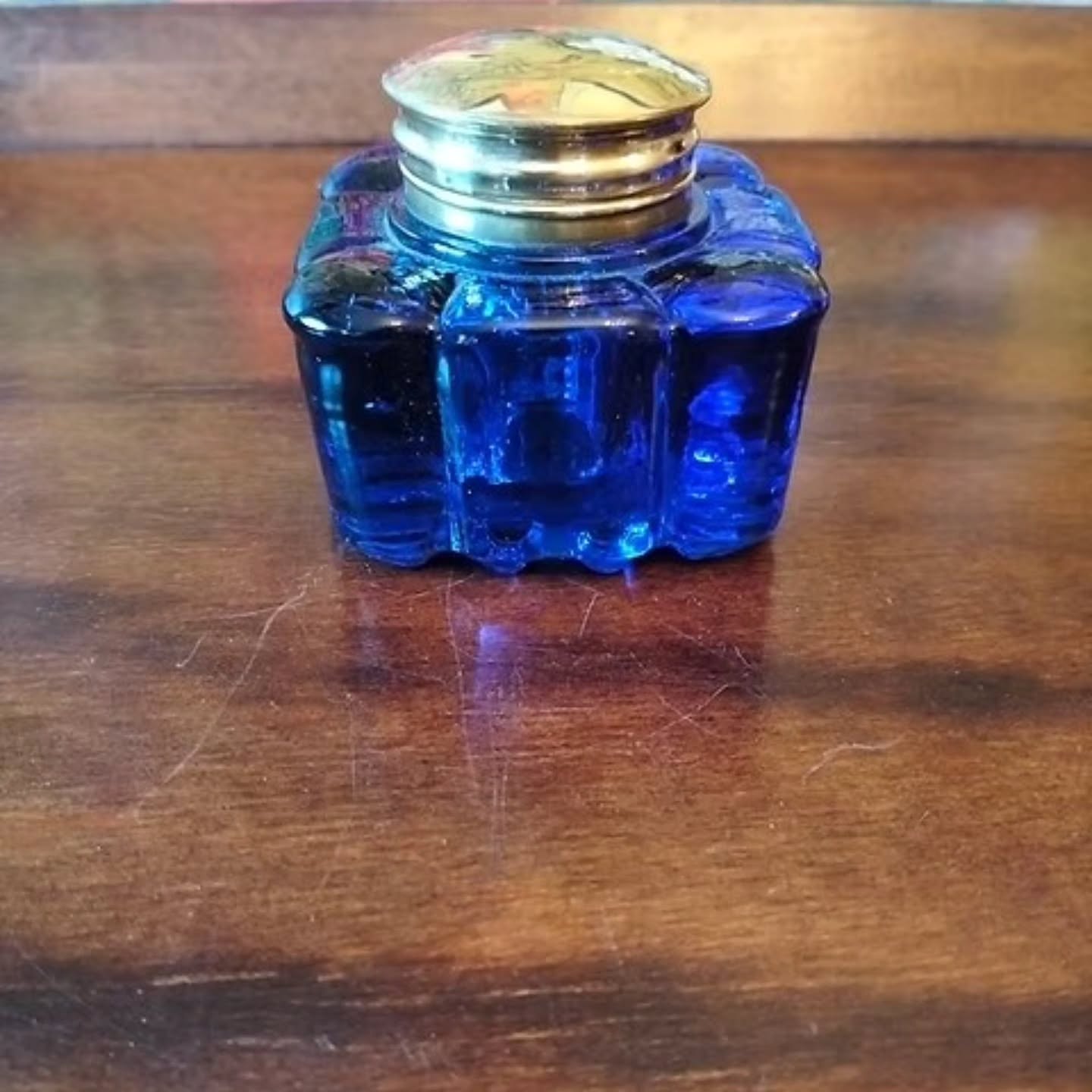 Vintage may be older cobalt blue glass and brass lid desk ink well heavy item | https://share.google/HrwvnDSdJ6whWlUh5