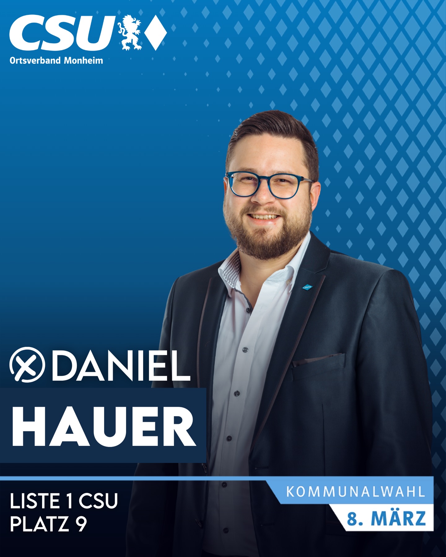 📣Wir stellen vor für den Stadtrat:
👤 Daniel Hauer
🎂 35 Jahre | 👤 ledig
🍰 Konditormeister
🏡Ried
🎣 Fischen
🗳 Kommunalwahl 8. März
➡️ Liste 1 CSU – Platz 9
#csu #monheim #bayern #stadtrat #kommunalwahl