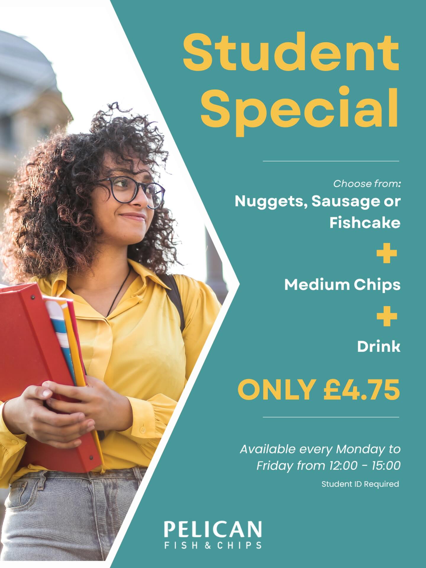 STUDENT SPECIAL ๐๐ค Working up an appetite at college? Take a study break and grab a takeaway for just ยฃ4.75 ๐๐ผ Available every weekday from 12:00 - 15:00
#thepelicanfishandchips #studentspecial #supportlocal