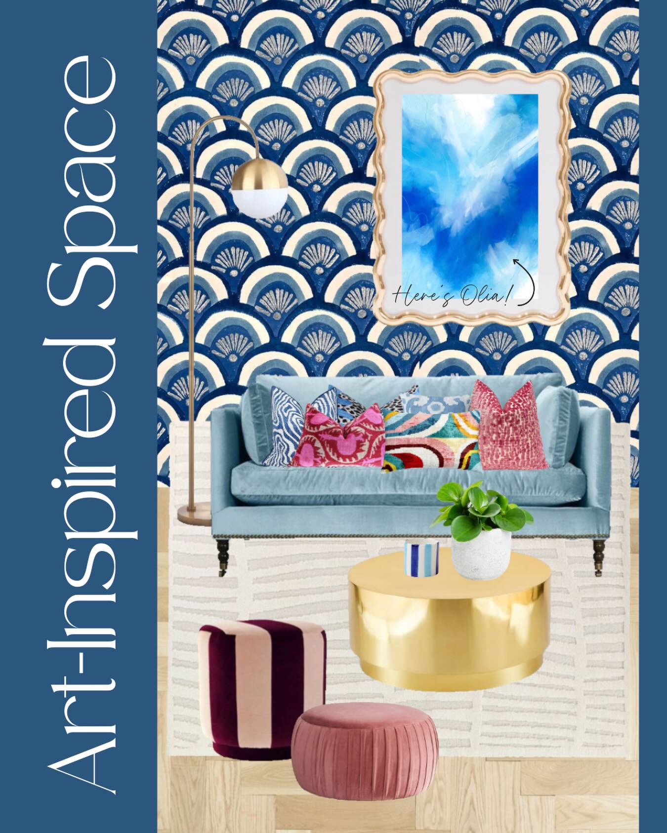 When it comes to design and decorating, let’s have some fun! I love how my painting Olia holds her own in this playful and colorful yet sophisticated space.
You can find Olia in my Etsy shop and more of these art-inspired room collages on my Pinterest.
#abstractart #blueart #artandinteriordesign #eclecticinterior #zimmestudio