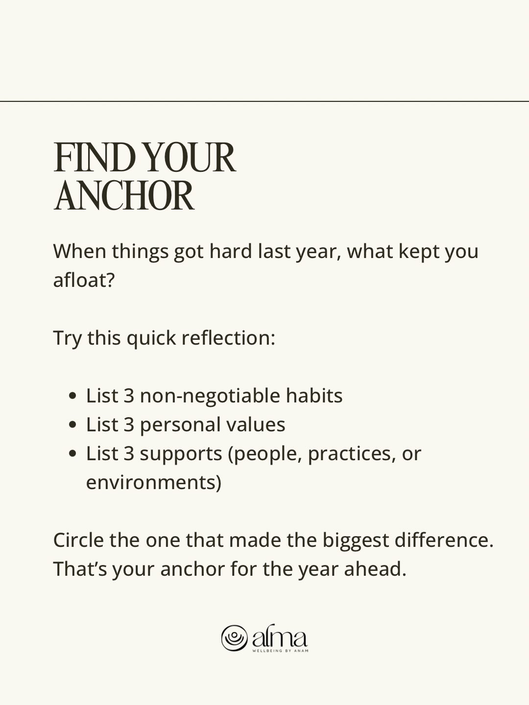 What held you together when things fell apart?
Stepping into a new year doesn’t mean reinventing yourself. You can simply do more of what actually supports you.
This reflection helps you:
✨ build clarity around what truly matters
✨ reduce overwhelm + decision fatigue
✨ strengthen self-trust
✨ create goals from alignment, not pressure
Growth begins with awareness.
If you know what grounds you, you know how to move forward.
Root into what works, then expand. 🌿
Save this for your next journaling moment ✨
#transitioncoach #wellness #coach #nlp #almabyanam