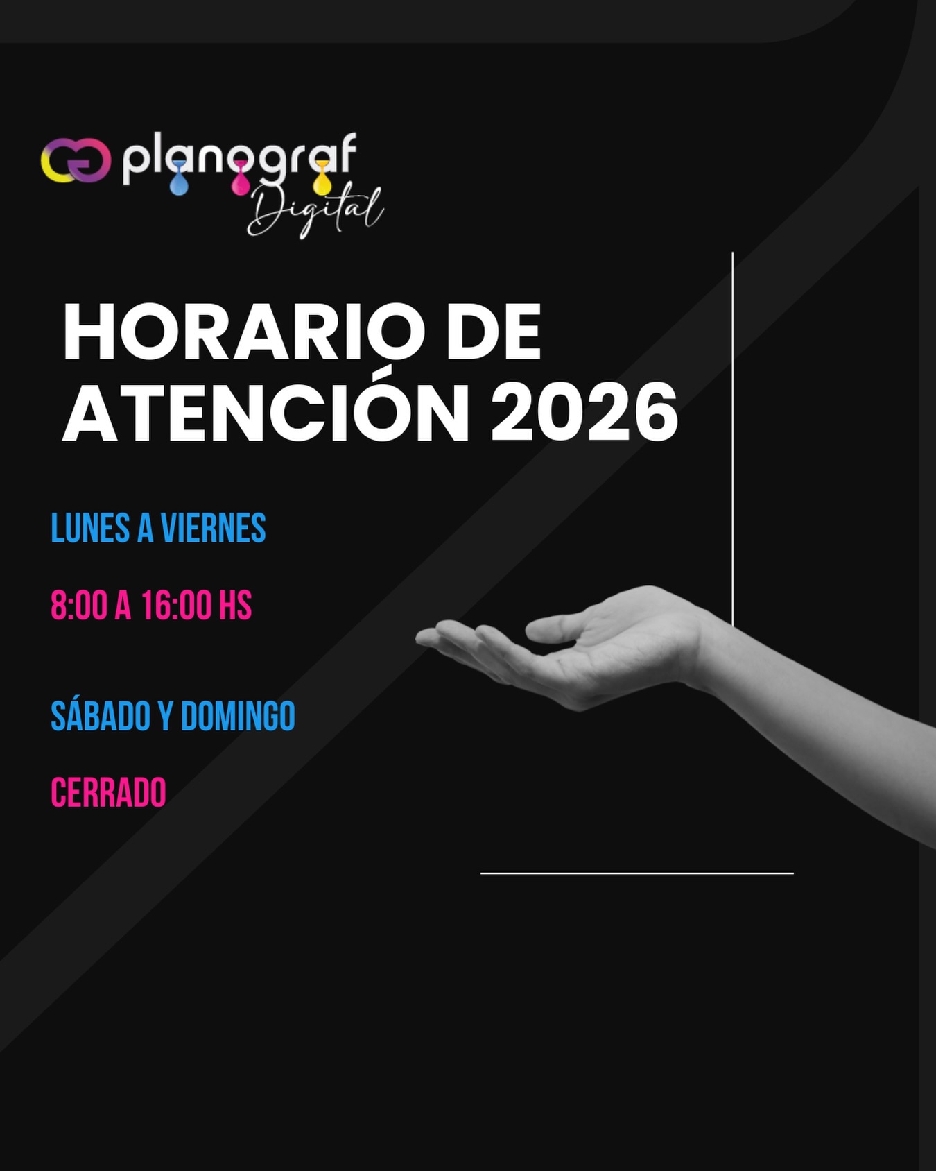 En CG Planograf te esperamos de lunes a viernes, de 8:00 a 16:00 hs 🙌
Sábados y domingos: cerrado.