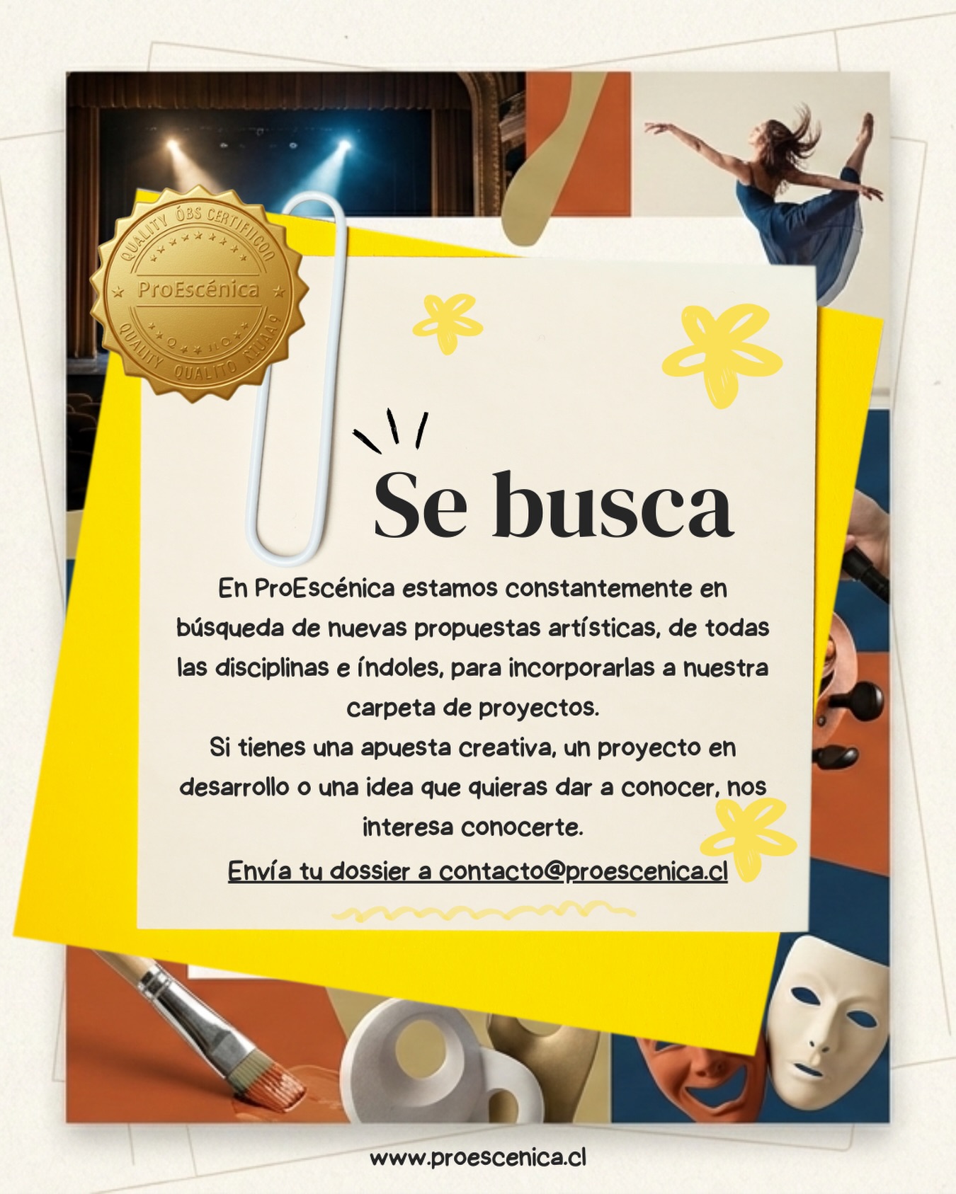 🎭✨ En ProEscénica estamos en constante búsqueda de nuevas apuestas artísticas
Durante todo el año recomendamos, acompañamos y conectamos proyectos de distintas disciplinas: artes escénicas, música, danza, teatro y nuevos formatos.
Este 2026 queremos partir conociendo tu portafolio.
Si tienes un proyecto en desarrollo, una propuesta lista o una idea que merece visibilidad, nos interesa descubrirla.
📩 Escríbenos / envíanos tu material a contacto@proescenica.cl
🌱 Siempre abiertos a nuevas miradas y talentos
🔗 También conócenos en www.proescenica.cl