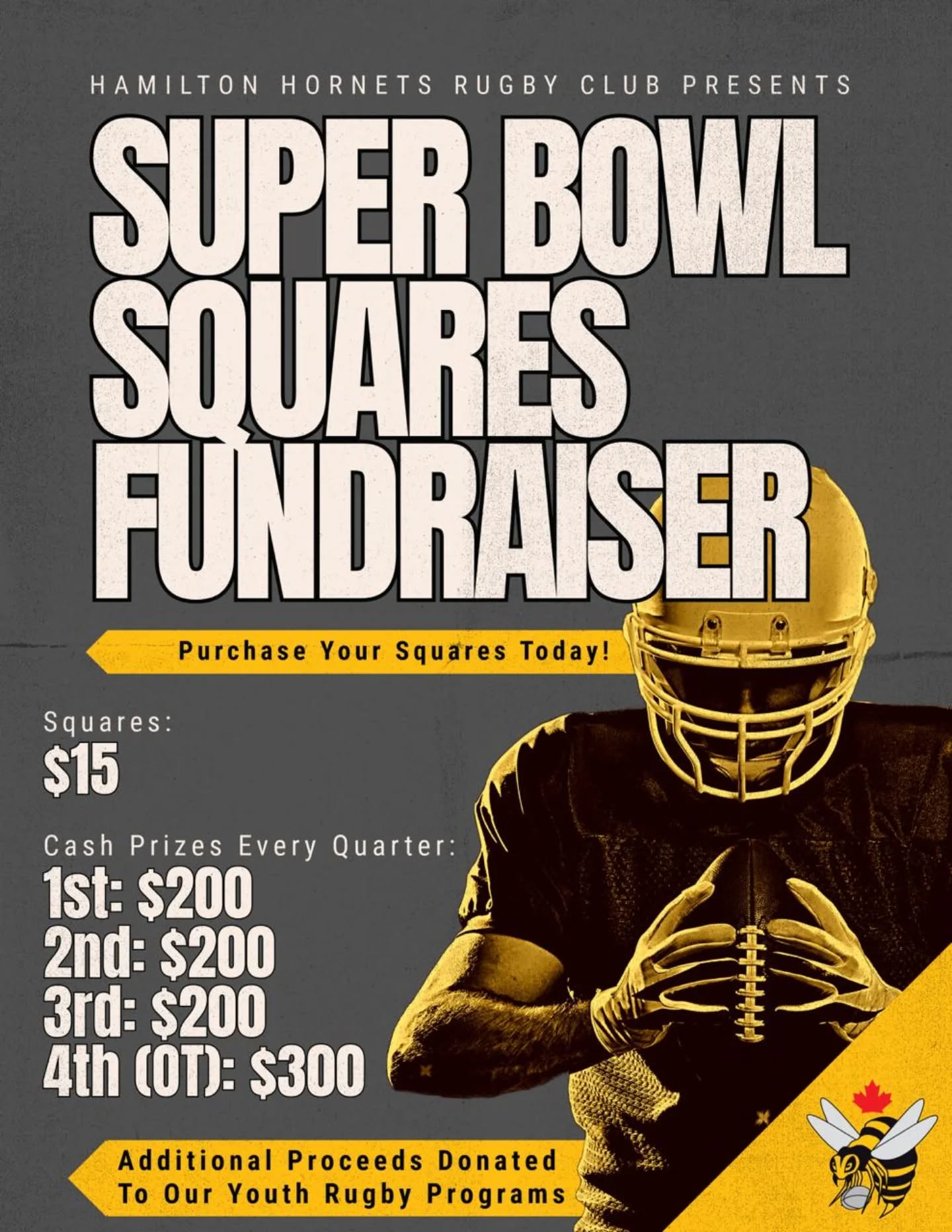 🏈🏆 Super Bowl Squares Fundraiser LIVE! 🎉
It’s Super Bowl season and the Squares are back 🐝
Grab some squares, enjoy the game, and help support junior rugby programming at the Hamilton Hornets Rugby Club. No football knowledge required!
💵 $15 per square
🔗 Link in bio to select your square(s) and purchase
💰 Payouts:
End of Q1 — $200
Halftime — $200
End of Q3 — $200
Final Score / OT — $300
👉 Additional proceeds will go directly towards funding youth rugby programs at the club.
How it works:
1️⃣ Select your squares on the board (link in bio)
2️⃣ Send payment through our online shop (link in bio)
3️⃣ Once the grid is full, row & column numbers are randomly assigned
4️⃣ At the end of each quarter, the square matching the second digit of each team’s score wins!
📌 Example: If the score is 14–7 at the end of the quarter, the winner is the owner of the square at row 4, column 7.
⏰ Squares will sell fast — lock yours in early!
Questions? Send us a message. 🐝🏈
#HamiltonHornetsRugby
#HamOnt
#Rugby