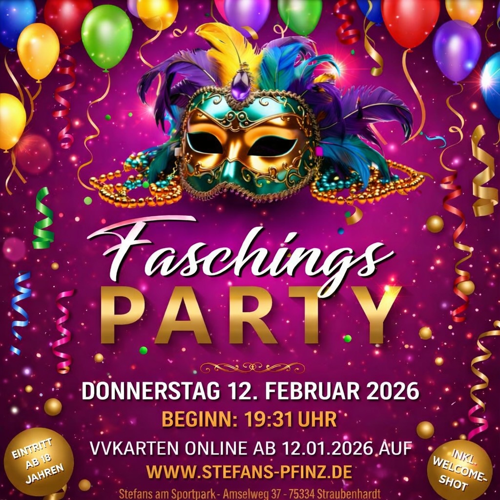 🎉 Maske auf. Alltag aus. Party an! 🎉
Am Donnerstag, 12.02.2026 wird bei der Faschingsparty im Stefans am Sportpark gefeiert, getanzt und gelacht, bis die Konfetti leer sind 💃🕺
🕢 Beginn: 19:31 Uhr
🎟️ VVK online ab 12.01.2026 auf
👉 www.stefans-pfinz.de
💸 VVK: 3 € | AK: 5 €
🥃 Welcome-Shot inklusive
Kostüm optional – gute Laune Pflicht! 🥳✨
#Faschingsparty #StefansAmSportpark #Maskenball #PartyTime