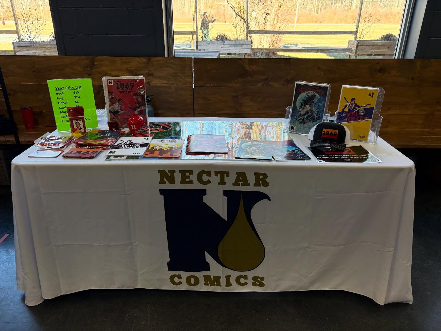 Come by @fortnonsensebrewing in Randolph today between 12-4 to pick pick up your favorite Nectar Comic including 1869: The First Intercollegiate Football Game. Pick up a four pack of their Upstream Red Team IPA as well!