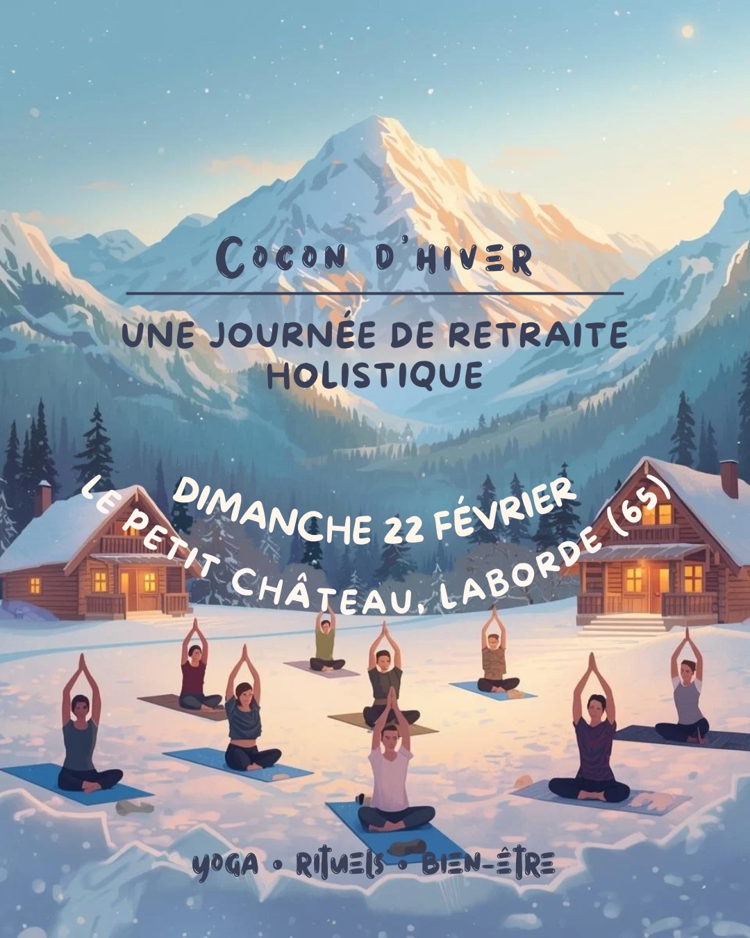 Nouvelle retraite ❄️
🗓️ 22.02.26
📍Le Petit Château, Laborde, Baronnies (65)
J’ai imaginé cette retraite de yoga en plein hiver comme un précieux cocon d’ancrage et de chaleur, un espace où l’on s’autorise à ralentir et à se déposer.
C’est une journée pour penser à soi, sans partir loin, sans brusquer le rythme, simplement en accueillant ce que l’hiver invite naturellement : la lenteur, l’écoute, l’intériorité.
À travers le yoga, l’auto massage, les rituels... tu es invité·e à habiter ton corps avec douceur, à laisser fondre les tensions et à goûter l’apaisement de l’instant.
Réservation :
Envoyez un mail wildsoulyoga.contact@gmail.com ou 0666349354