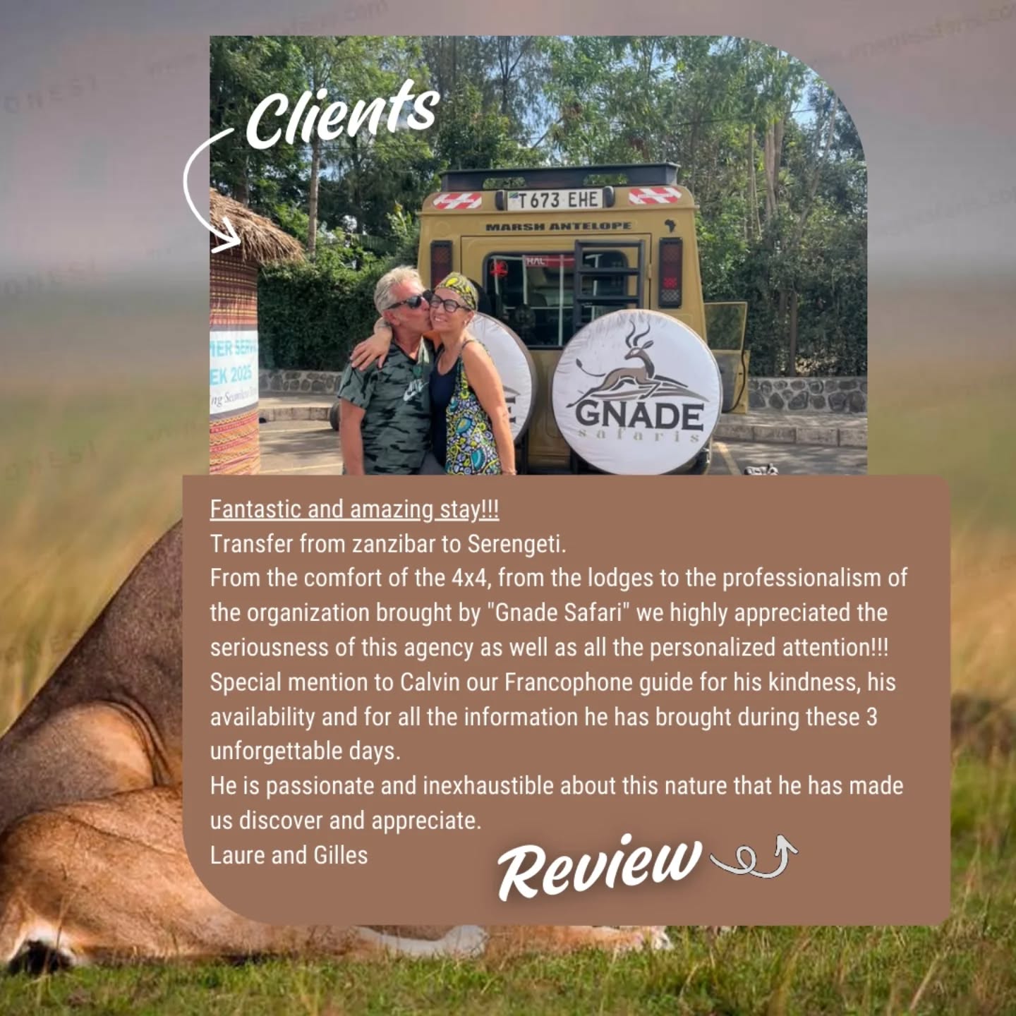 ⭐ Real Stories. Real Safaris. Real Memories. ⭐
Nothing means more to us than hearing directly from our guests after an unforgettable journey.
This lovely couple joined Gnade Safaris on a 3-Day Fly-In Safari from Zanzibar to Serengeti & Ngorongoro, and here’s what they experienced:
🛩️ Day 1: Fly from Zanzibar → Serengeti National Park + thrilling game drive
🦁 Day 2: Full-day Serengeti game drive → overnight on the Ngorongoro Highlands
🌋 Day 3: Ngorongoro Crater safari → evening flight back to Zanzibar
From seamless transfers and comfortable 4×4 safaris to handpicked lodges and personalized service, every detail was carefully planned to deliver a smooth and memorable experience.
A special thank you to @calvinfransic , our passionate Francophone guide, for his dedication, knowledge, and warm hospitality that made these three days truly unforgettable.
💬 “Fantastic and amazing stay… professionalism, comfort, and personalized attention throughout.” — Laure & Gilles
✨ This is what happens when expertise, passion, and Tanzania’s wild beauty come together.
🔗 Discover this safari:
https://www.gnadesafaris.com/3-days-serengeti-ngorongoro-fly-in-safari-from-zanzibar
📩 Plan your own unforgettable safari with us
📧 info@gnadesafaris.com
📲 WhatsApp: +255 793 832 959
#GnadeSafaris #ClientReview #SafariFromZanzibar #SerengetiSafari #NgorongoroCrater #FlyInSafari #TanzaniaSafari #HappyClients #SafariExperts #TravelWithConfidence #TripAdvisorReview
