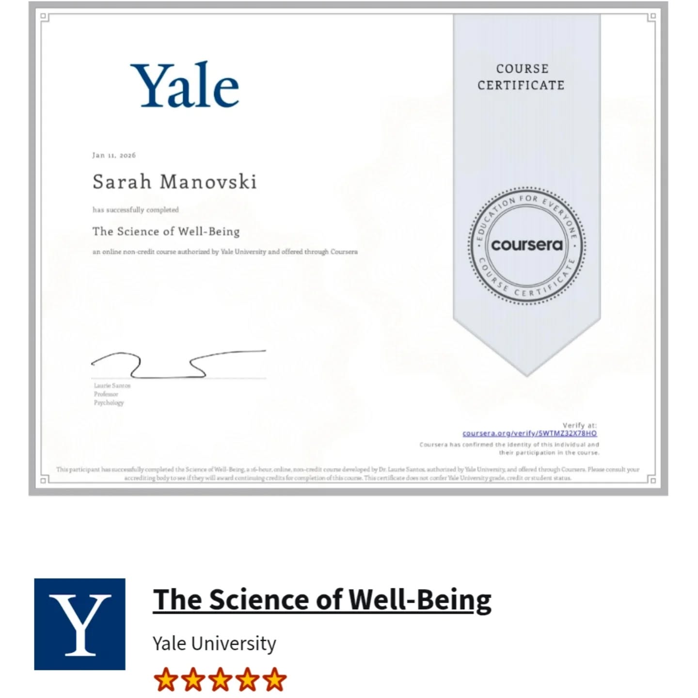 First accomplishment of 2026. 100% grade in Yale's The Science of Wellbeing 10 week Certificate Course. I've been a big fan of @lauriesantosofficial since 2020 who created this amazing Yale Psychology course ❤️🙏