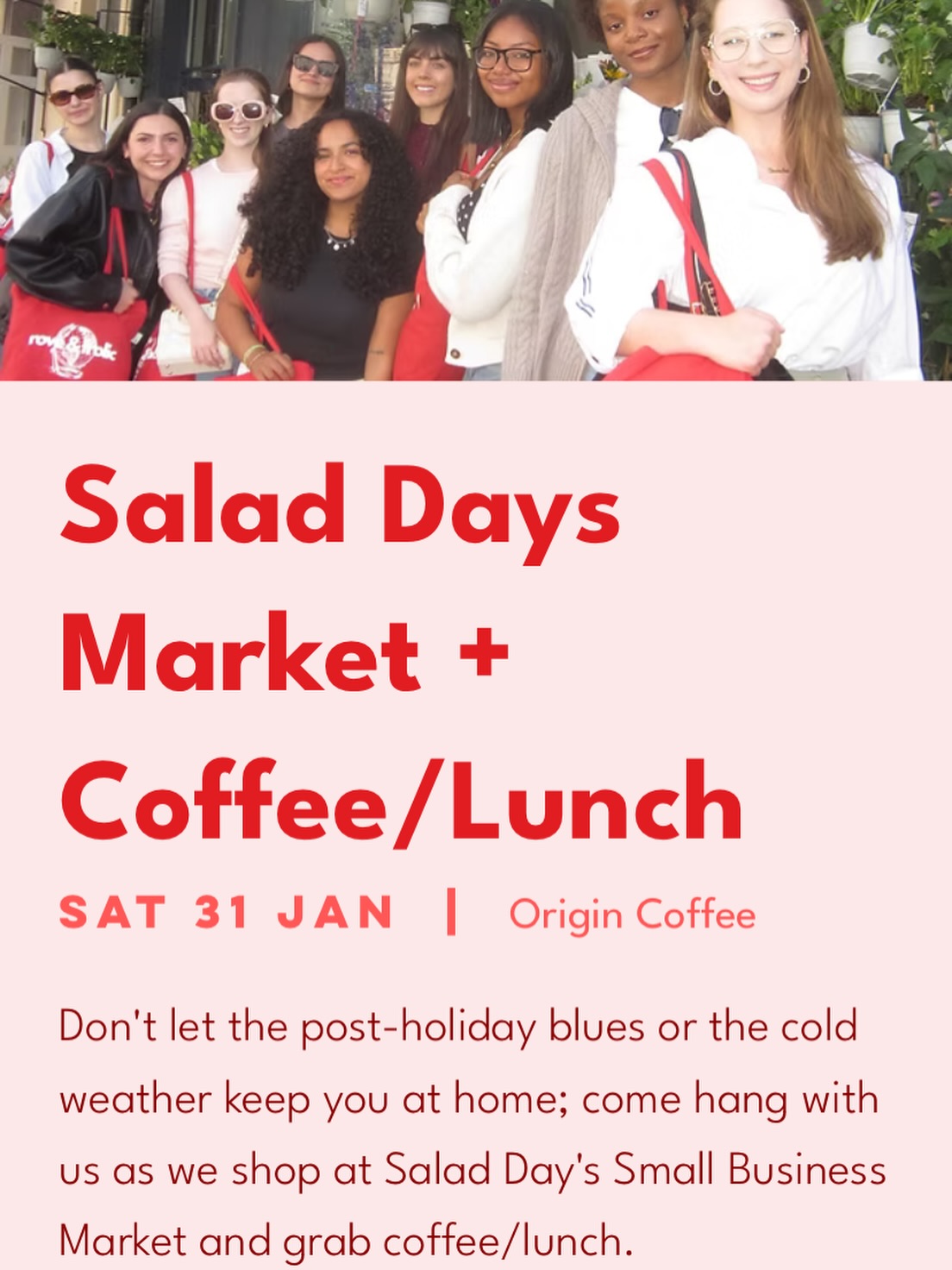 It’s a new year, but we’ve still got the same goals as before: bring women together to build friendship and community while exploring the very best of all London has to offer us. 👯♀️ So, we’re starting off 2026 by doing just that with a social at @saladdaysmarketlondon + coffee at @origincoffeeroasters and lunch at @mercatometropolitano. 🛍️☕️🌮
It’s a perfect girls day out, and you’re invited to spend it with us! You can snag your ticket by clicking on the link in the bio 🔗
*@roveandfrolic is not affiliated with Salad’s Day. The market is open to all and free to enter. There may be a queue and we will need to join it if one forms, but we’ll have our coffees and pass the time with some good chats! For further information about this social, please see the ticket conditions listed on the event page (which is linked in the bio).