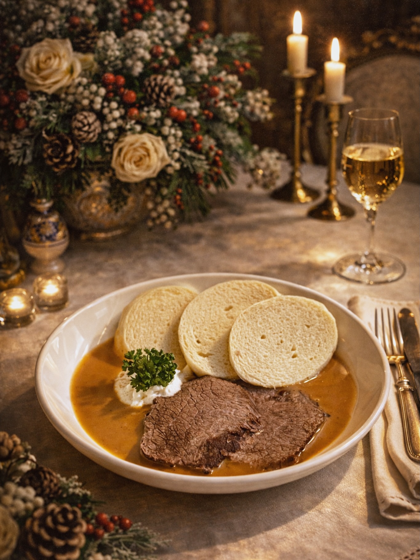 🇨🇿👸 SVÍČKOVÁ – Böhmischer Rindsbraten
Der absolute Klassiker – und nicht umsonst berühmt für die Königin der Saucen: eine samtige, cremige Wurzelgemüse-Sauce, die den zarten Rindsbraten umhüllt. Dazu böhmische Knödel: luftige, in Scheiben geschnittene Knödel aus Hefeteig/Brotteig – die perfekten Saucen-Träger. Preiselbeeren setzen den feinen Kontrast.
Wer diesen Klassiker noch nicht probiert hat, verpasst die Seel der böhmischen Küche 😌👆