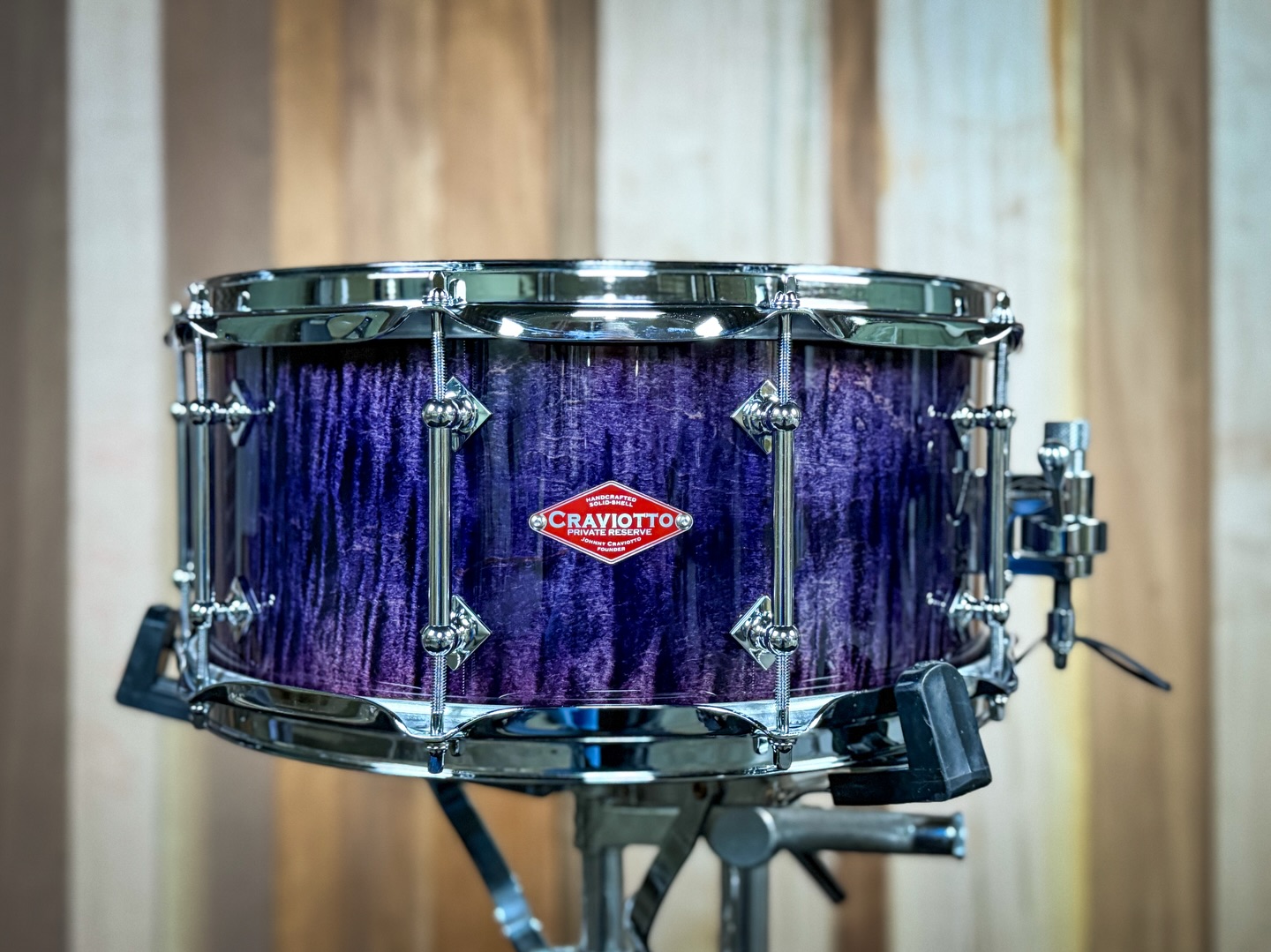 Private Reserve 6.5x14 Curly Maple, 45 degree bearing edges, and ebonized/ light purple to dark purple fade lacquer finish.
