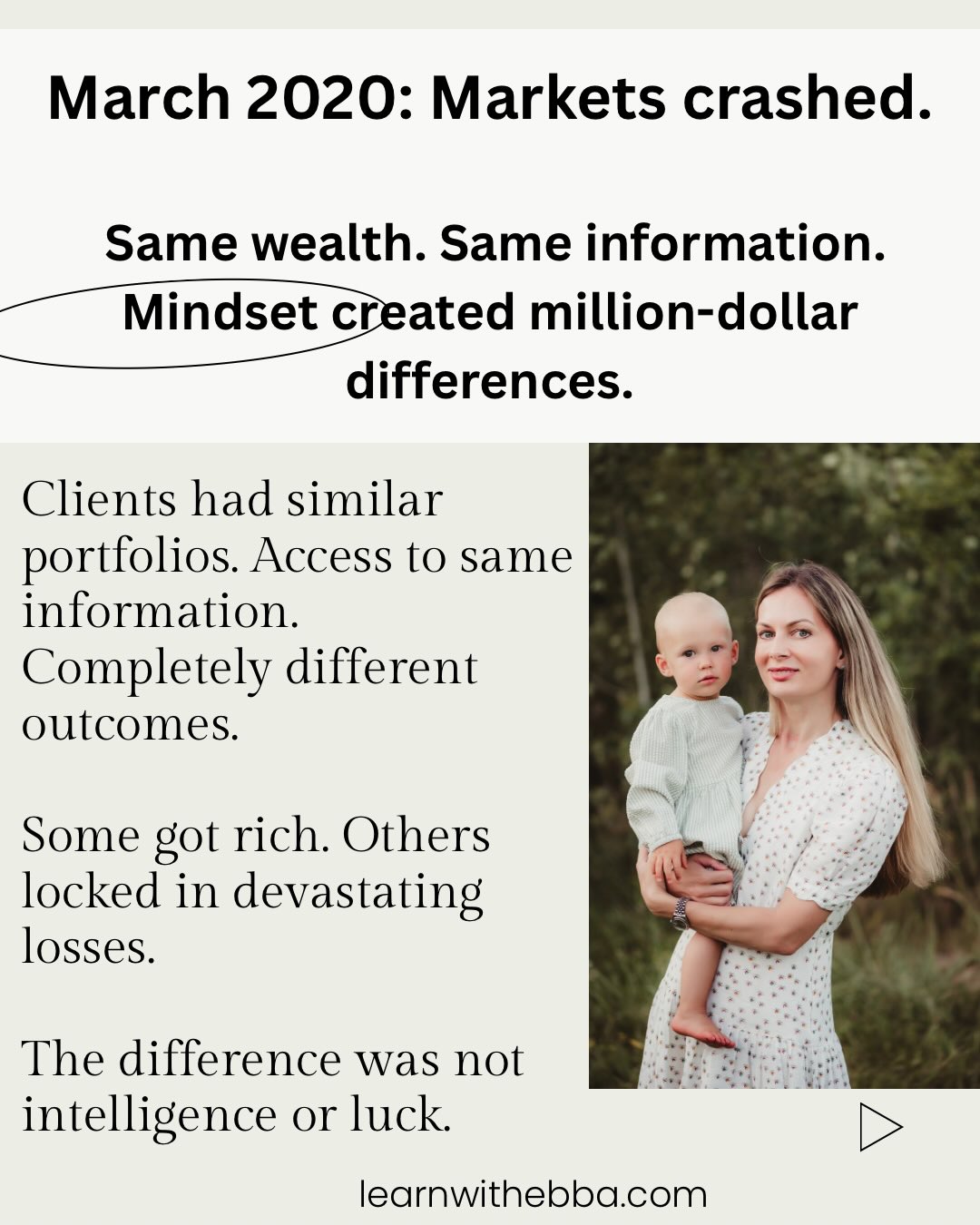 March 2020: Markets crashed 30% in weeks. I managed portfolios through it.
Every client had similar wealth. Same information. Six months later? Million-dollar differences.
Three groups emerged:
GROUP 1 - Panicked. Sold everything or dumped equities for bonds at the bottom. When markets recovered, they missed it. Moving to fixed income at the bottom means they will not recover for a very long time.
GROUP 2 - Stayed disciplined. Checked their plan. Time horizon still 20 years. Nothing changed except price. Sat tight. Recovered with the market.
GROUP 3 - Bought more. Had liquidity reserves. Saw 30% discounts, not disaster. When recovery came, earned exceptional returns.
Same wealth. Same crash. Mindset created million-dollar differences.
The disciplined clients had one thing in common: they wrote their investment policy BEFORE the crash. When fear hit, they knew exactly what to do.
Your family needs this too.
Not because you manage millions. Because clarity during crisis is priceless.
I am teaching Ebba to see corrections as opportunities. To have a plan before crisis arrives. To stay disciplined when others panic.
Write down your family investment policy today.
The next crash is coming. Be ready.
Read my full post the link is in bio.