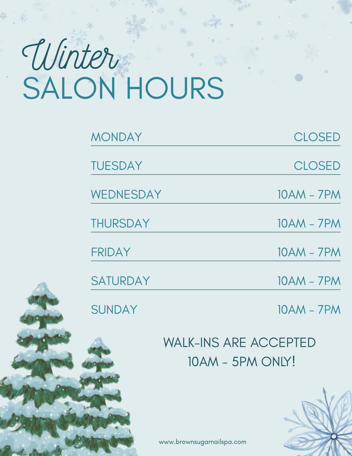 A little winter reset ❄️
Starting now, the salon will be closed Mondays & Tuesdays until springtime.
Same love, same luxury, just fewer days open while we ride out the cold 💖
Book accordingly & see you soon!
#brownsugarnailspa
#phillynails
#phillynailtech
#phillynailsalon
#salon