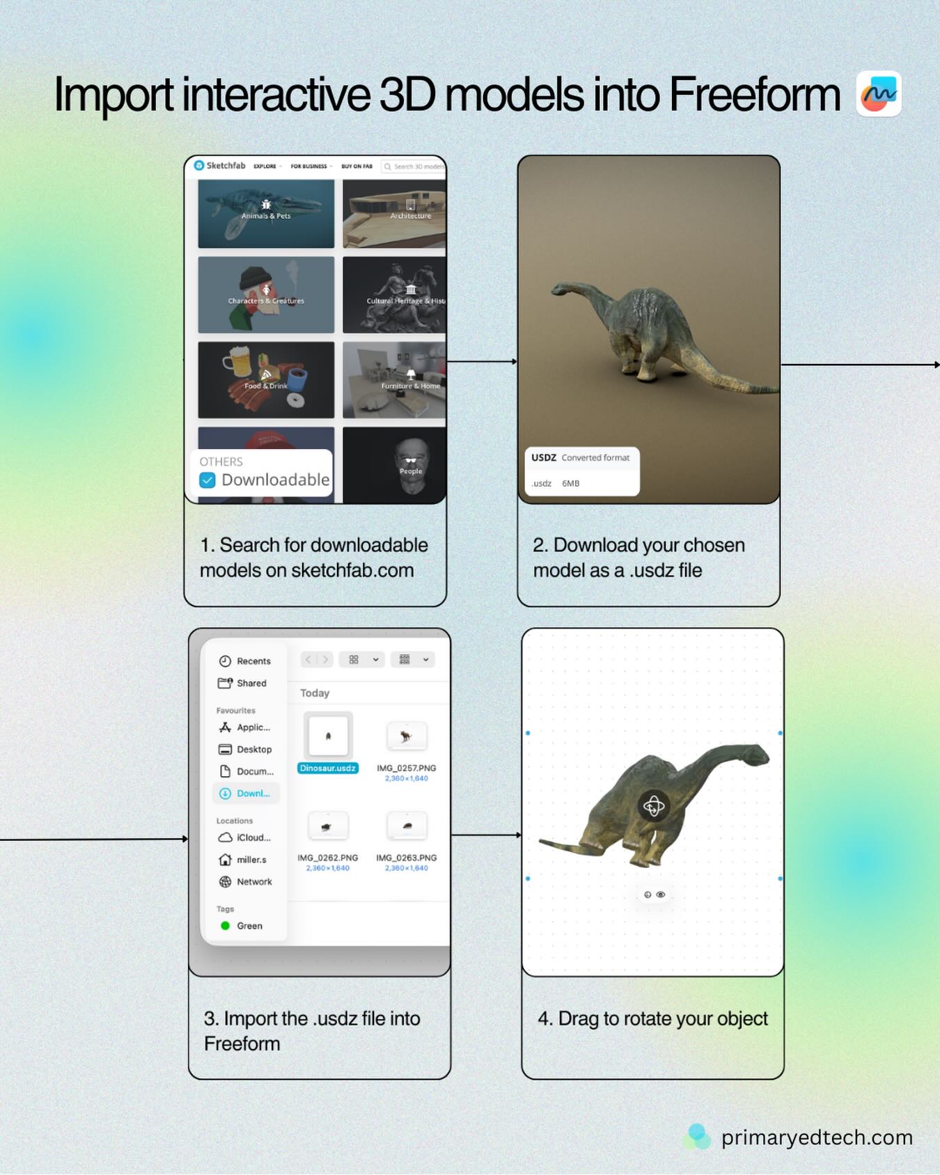 Bring learning off the page (screen) and into 3D 👀🦕
Freeform makes it incredibly easy to explore interactive 3D models with students — perfect for science, geography, design, and storytelling.
Here's a simple workflow that opens up huge learning conversations.
#edtech #primaryedtech #ipadclassroom #freeform #appleedu