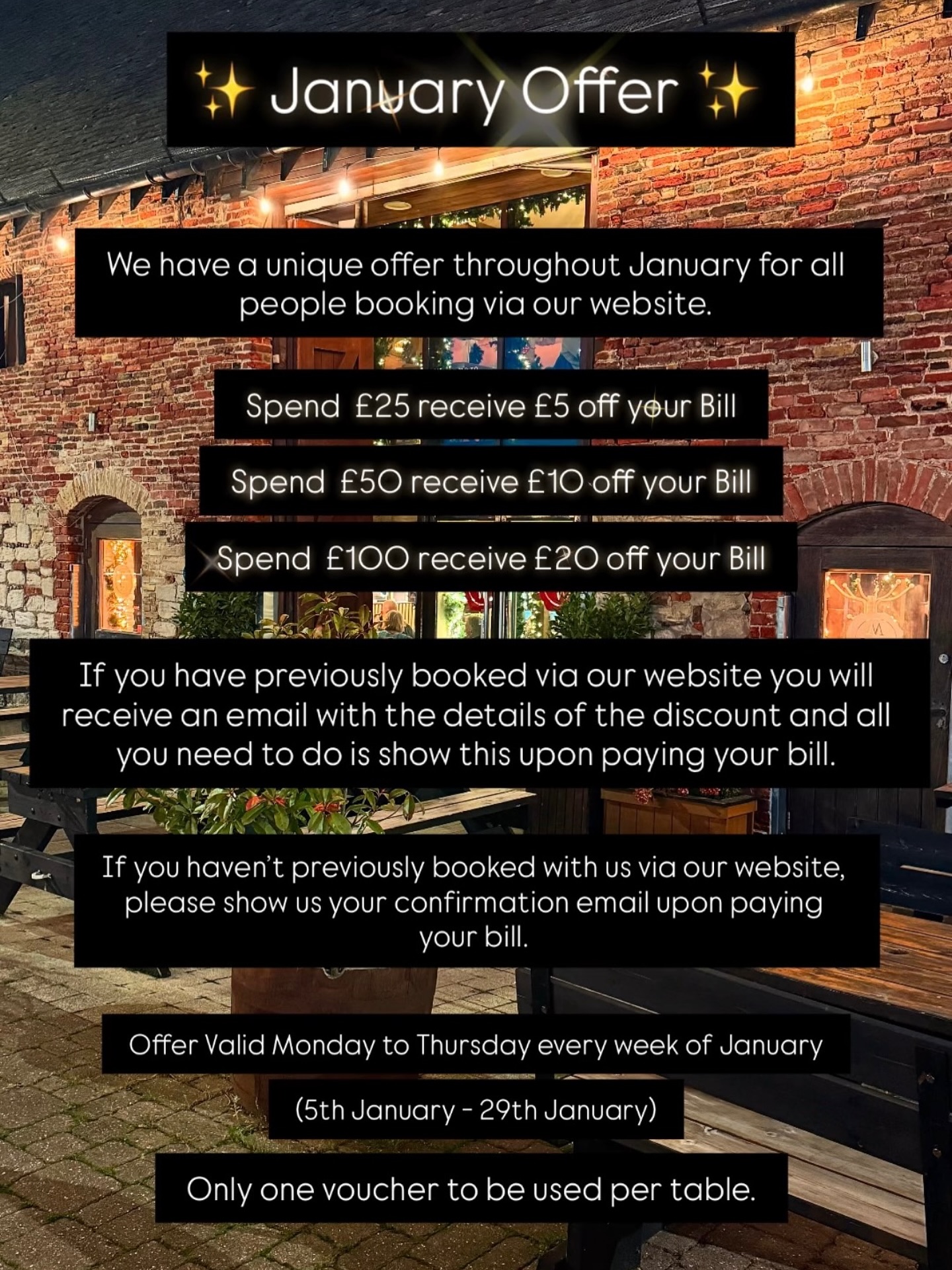 ✨ January Special Offer! ✨
We know that January can be a tough month for everyone, so we’re here to lift your spirits! 🎉
Gather your friends and family, and let us treat you to delicious food and good vibes. 💖