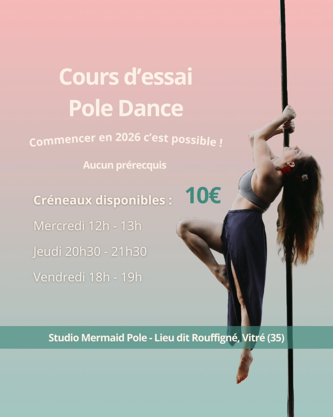 Commencer la pole dance en 2026 ? 😀
C’est possible pour seulement 10e 🔥
3 créneaux disponibles :
-mercredi 12h - 13h
-jeudi 20h30 -21h30
-vendredi 18h - 19h
Pas besoin d’être sportive ou autre ! Les cours sont destinés à des personnes qui n’ont jamais ou peu fait de pole dance 🙂
Et si tu fais déjà de la pole depuis un moment : Il reste quelques places en Niveaux 2 et 2/3 😁
INSCRIPTION via HELLORESA (🔗 lien en bio) 🔥
#rentrée #reprise #nouveausport #poledance #mermaidpolevitré