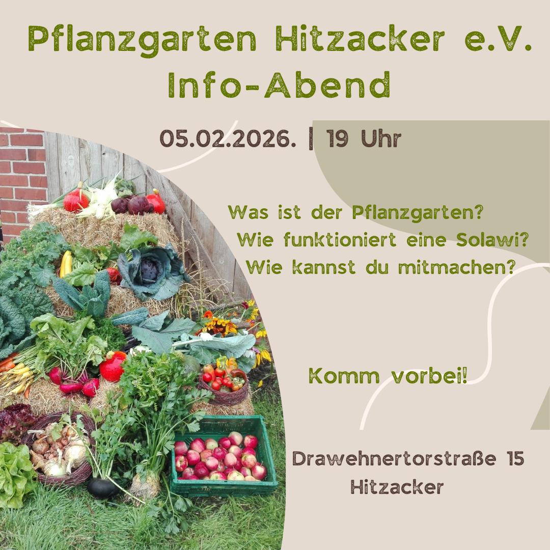 Du interessierst dich für regionales und ökologische angebautes Gemüse? Du willst wissen, wer dein Gemüse anbaut und unter welchen Bedingungen? Dann komm am 05. Februar zu unserer Info-Veranstaltung in den Coworking-Space Hitzacker. Hier erfährst du alles über uns, das Solawi-Konzept und wie du bei uns mitmachen kannst. Lade gerne weitere Interessierte ein. Wir freuen uns auf dich!
#hitzacker #solawi #csa #wendland #elbtalaue #solidarischelandwirtschaft