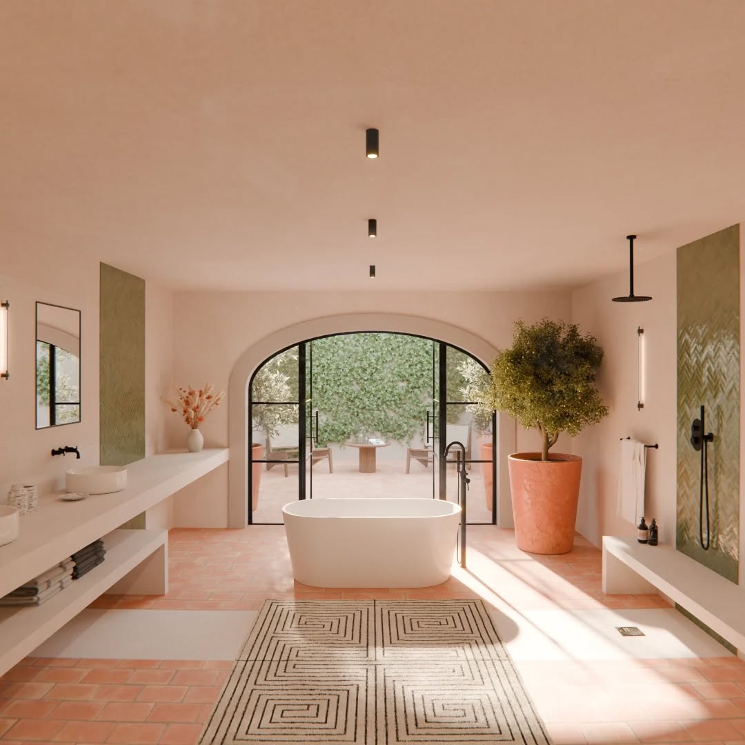 Harmonie entre le traditionnel et le contemporain pour cette salle de bain.
Les parefeuilles en terre cuite posées au sol contrastent avec les zelliges verts qui ornent les murs.
La verticalité du matériau crée du rythme à l'ensemble.
La continuité du revêtement de sol crée une connexion avec la cour extérieure et accentue la perspective.
Architecture / Visualisation 3D : @studiodac_
#architecturelovers #studiodac #studiodacarchitecture#studiodacpaysage #blender3d
