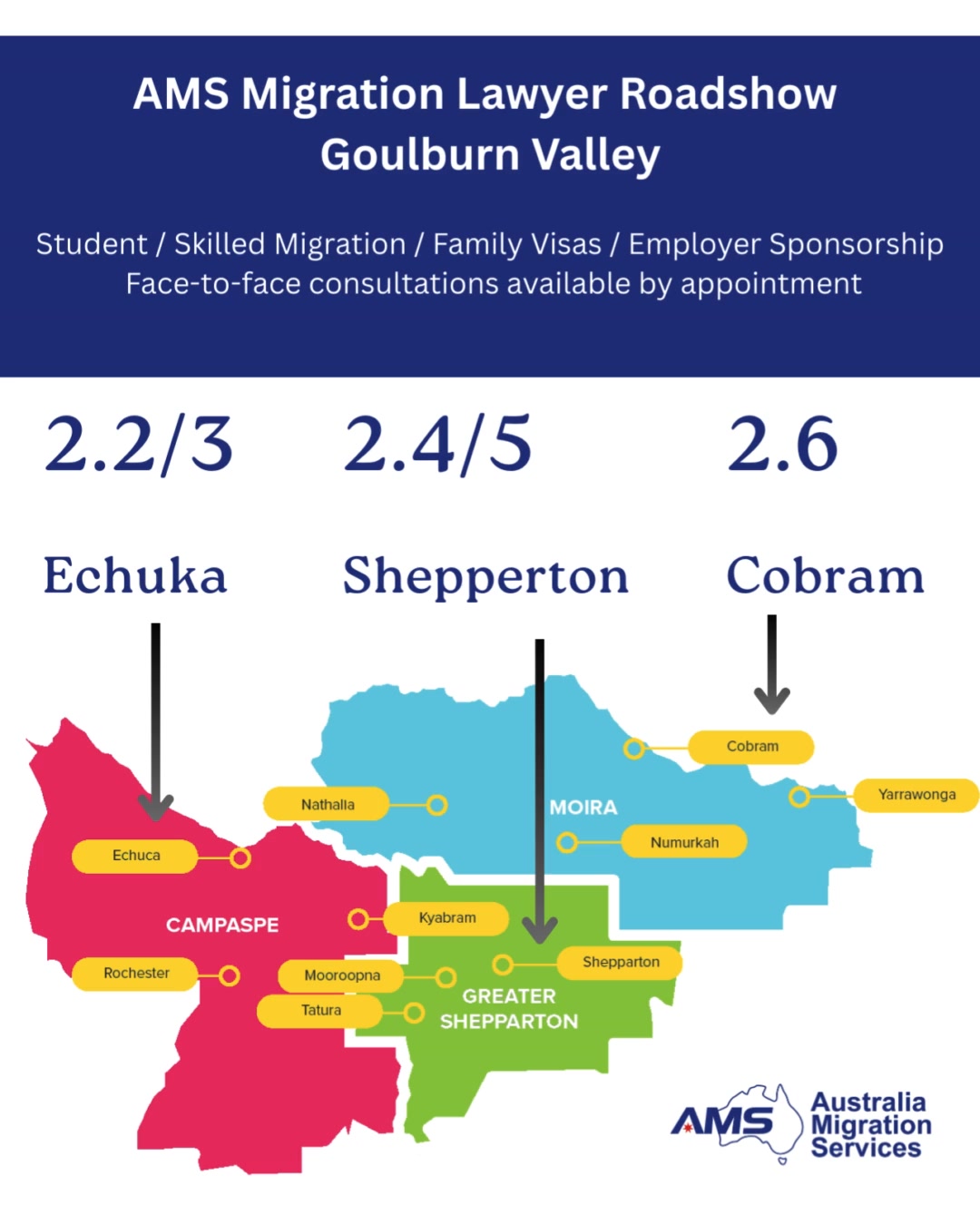 AMS is always on the move — coming to you.
In early February, AMS migration lawyers will be visiting Goulburn Valley, offering one-on-one, face-to-face visa consultations.
Limited appointments available — book now.
#australiamigration #AustraliaMigration
#australiamigrationexperts #australiaimmigration
#australiaimmigrationconsultant #goulburnvalley