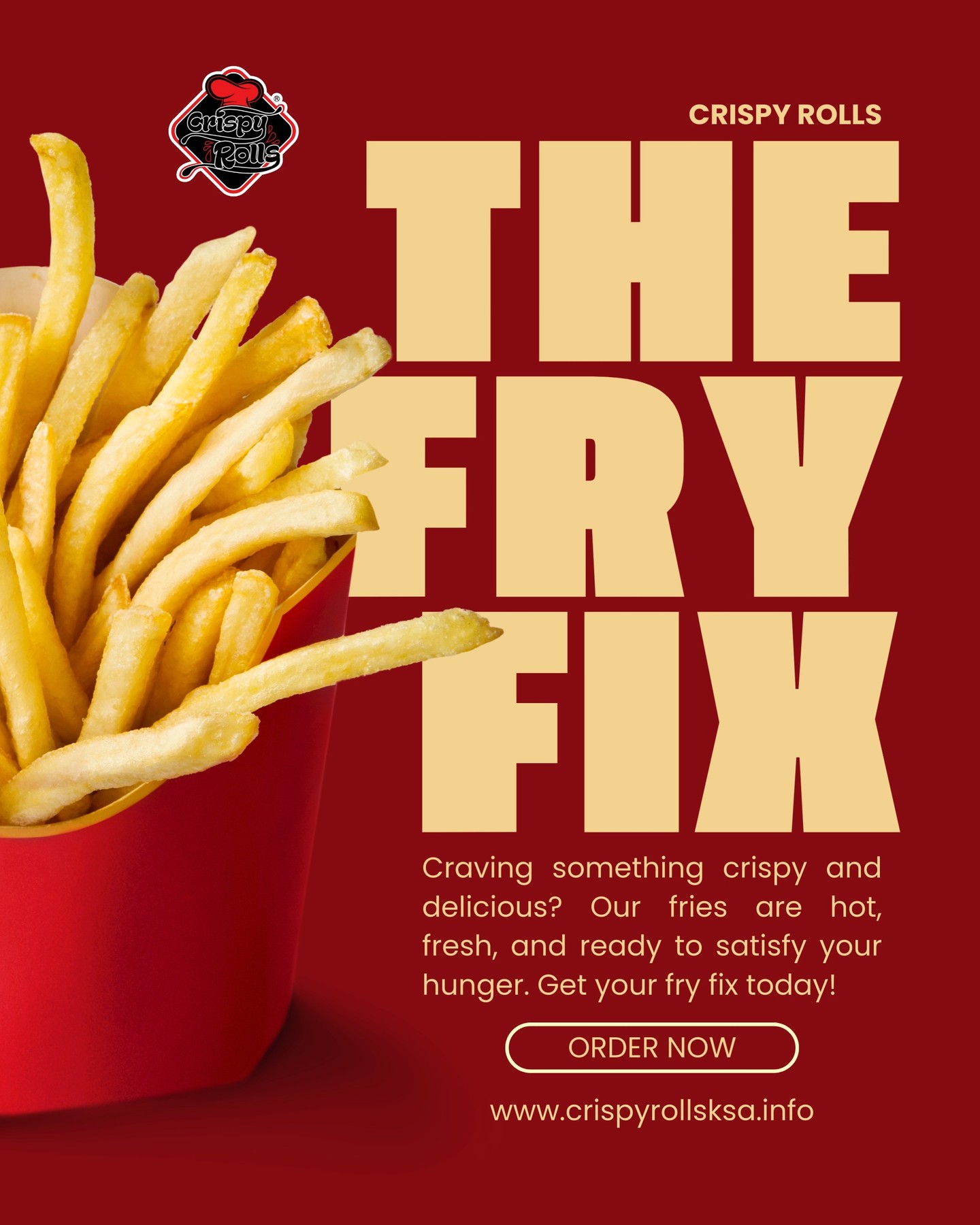 🔥 THE FRY FIX 🍟
Golden, crispy fries made to cure every craving.
Hot, fresh, and impossible to resist — one bite and you’re hooked!
🌐 Order now at www.crispyrollsksa.info
Get your fry fix today 😋
#TheFryFix #CrispyRolls #FrenchFriesLovers #CrispyFries #SnackTime #FastFoodCravings #RiyadhFood #StreetFoodVibes #HotAndCrispy #foodiefix