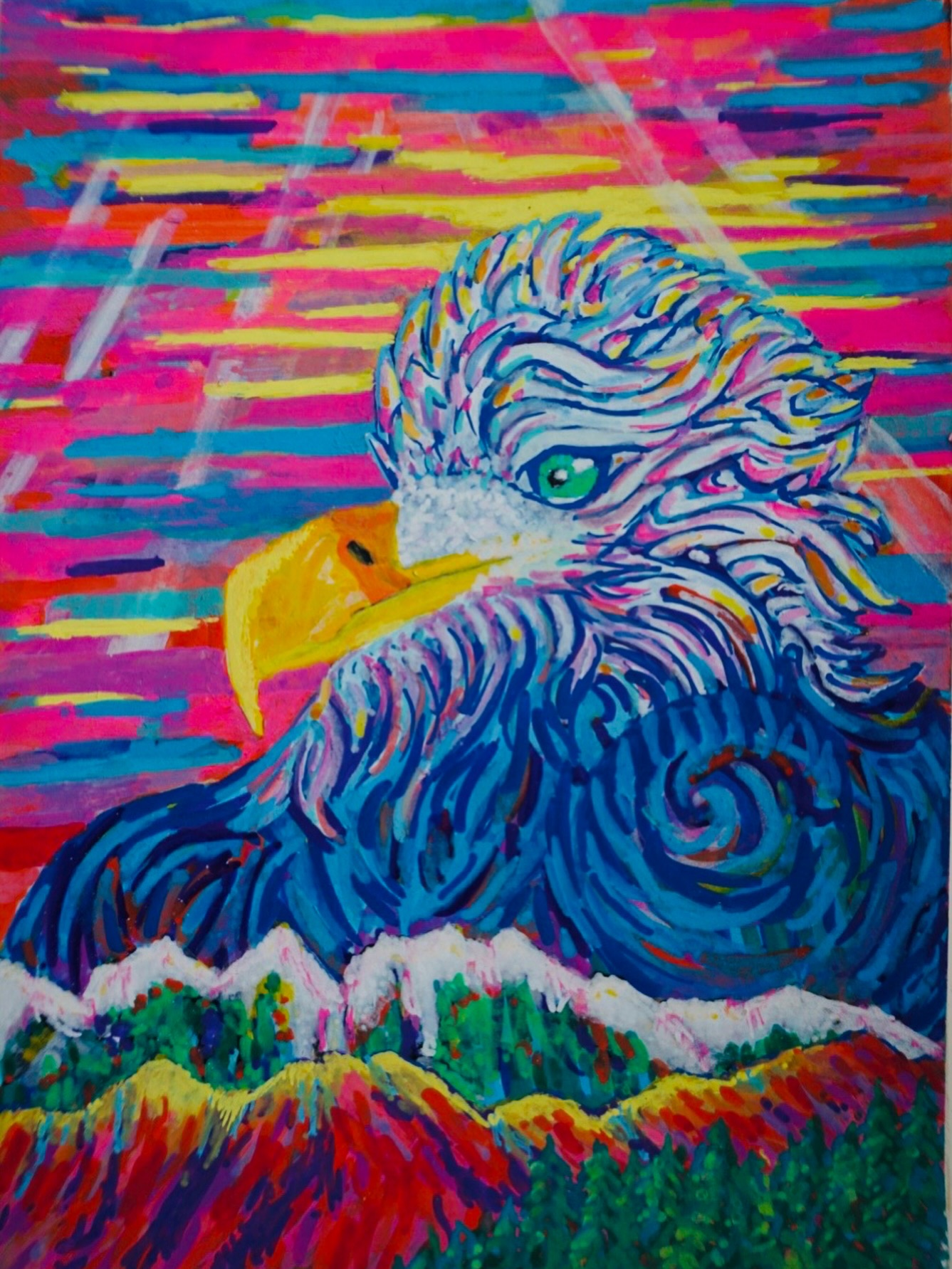 Always present in the air above the mountains and in the forest the eagle 🦅 watches you. This acrylic marker painting captures the colour and majesty evoked by this grand spirit. Available as a print #eagles #eagletotem #painter #acrylic_painting #acrlicmarkerart