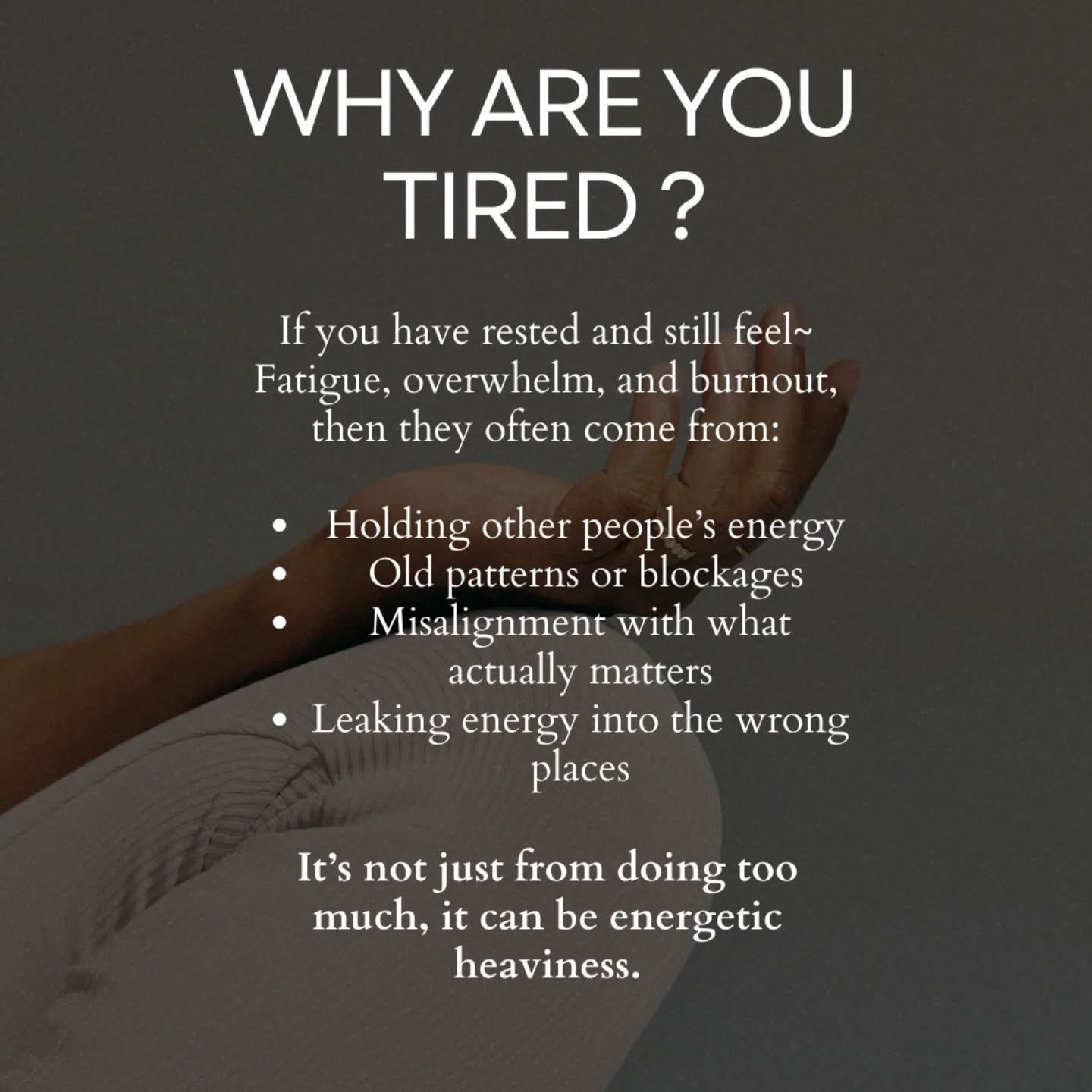 What if you are resting… and you still feel tired, heavy, or burnt out? I see this often with my clients who are CEOs and change makers.
That’s usually a sign your energy needs clearing and realignment.
When we’re carrying:
• emotional residue
• old stress patterns
• other people’s energy
• pressure to hold it all together
• energy being poured into the wrong places
…rest alone doesn’t always restore us.
This is why I clear my energy daily, just like I shower & brush my teeth.
On the days I skip my alignments (which is rare), I feel scattered, sensitive, and drained.
On the days I do them, even with little sleep as a mama, I feel clear, focused, grounded, and in flow.
And then I can feel genuine tiredness when my body actually needs rest.
When our energy is clear & aligned we can feel Energised! Activated! Joyful! It feels Amazing! ⚡
✨ Alignment brings energy back online.
✨ Clearing creates clarity.
✨ Daily energetic hygiene changes everything.
That’s why I created my free Energetic Toolkit ~ simple practices + guided meditations me and my clients have used for over a decade (and I usually only share with clients).
They are short, simple and effective, great for if you don't have loads of time but want to actually create more time, energy and ease in your days.
If you’re ready to feel clearer, lighter, focused on what truly matters and more energised, it’s there for you.
Comment CLEAR or link in bio 💫
