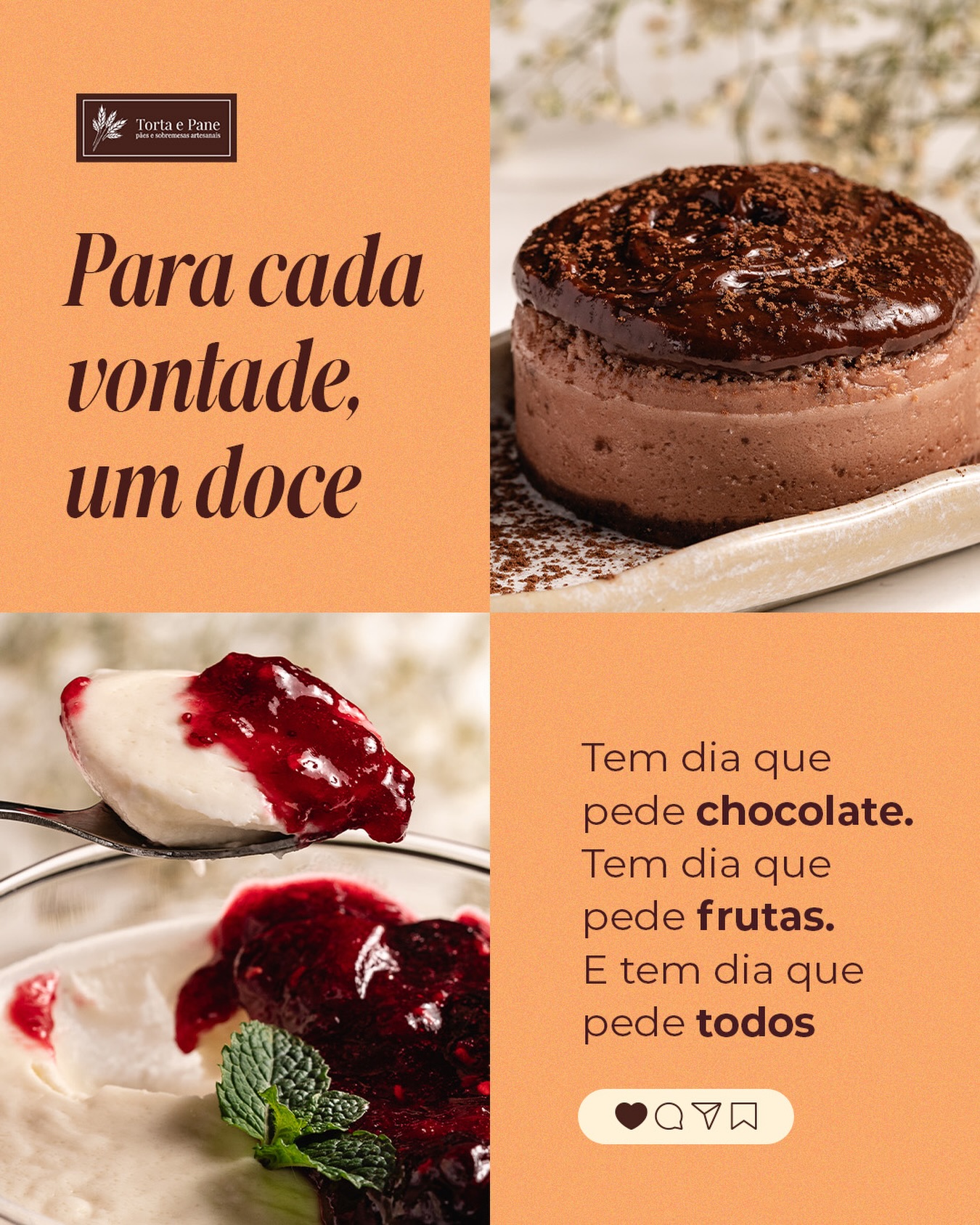 ➡️ Tem dia que pede chocolate.
➡️ Tem dia que pede frutas.
➡️ E tem dia que pede todos! 😅
Nosso Menú acompanha seu humor e transforma qualquer dia em algo mais doce!
Torta e Pane | Pães e Sobremesas Artesanais
📍 Campinas e Região (consulte)
📱 WhatsApp: (19) 97131-4077
#TortaEPane