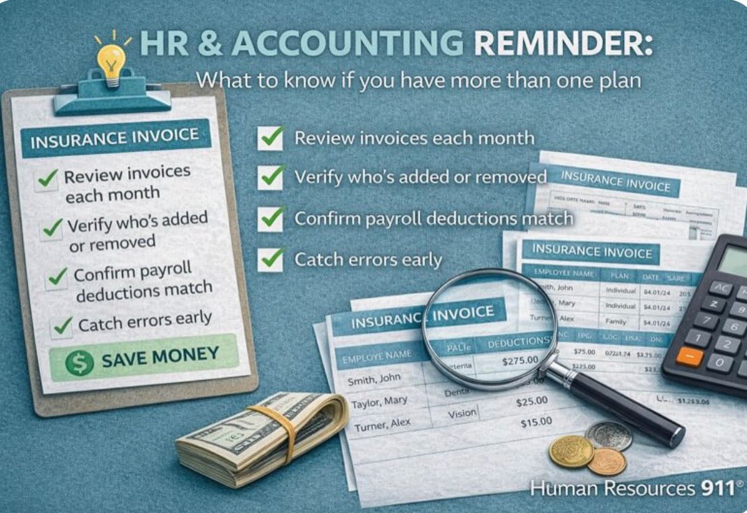 HR & Accounting Reminder: Donāt āSet and Forgetā Insurance Invoices š”
One of the easiest ways organizations lose money each year is by not regularly reviewing health insurance invoices.
A smart monthly practice:
āļø Review carrier invoices to confirm who was added or removed from coverage
āļø Verify coverage dates align with hire, termination, and life-event changes
āļø Reconcile payroll deductions to ensure employee contributions match actual coverage
āļø Catch errors earlyābefore overpayments quietly continue month after month
Even small discrepancies can add up quickly. By routinely (monthly) reconciling benefits invoices with payroll, HR and Accounting teams can:
⢠Prevent overpayments
⢠Reduce retroactive corrections
⢠Improve compliance and data accuracy
⢠Save real dollars for the organization
Benefits oversight isnāt just administrativeāitās a cost-control strategy.
ā
Human Resources 911Ā® LLC
Your Fractional HR Department
HR Compliance
š www.HR911.org
Support a nonprofit supporting scholarships@
Moonstone Pathways Foundation Inc