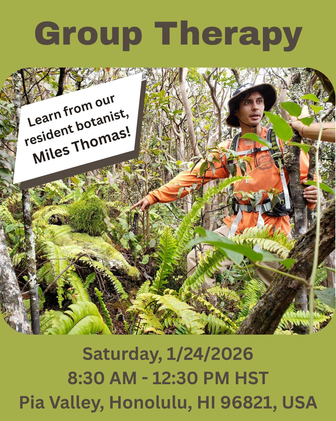Join us in Pia Valley for Group Therapy, featuring a special guest talk by Miles Thomas! Miles is our resident botanist, ecological consultant, and the talented artist behind many of our botanical shirt designs. He's also a researcher at Bishop Museum and works with Hawaiʻi's PEPP program.
Jan 24, 2026, 8:30 AM – 12:30 PM
Honolulu, Pia Valley, Honolulu, HI 96821, USA
We will meet at the Niu Valley Shopping Center's main parking lot near 7-Eleven (565 Halemaumau St, Honolulu, HI 96821), then carpool to Anolani Street.
https://wix.to/E3Z8R2c
#restoration #nativeplants #botanist #volunteer #conservation #hawaii #rsvpnow #savethedate